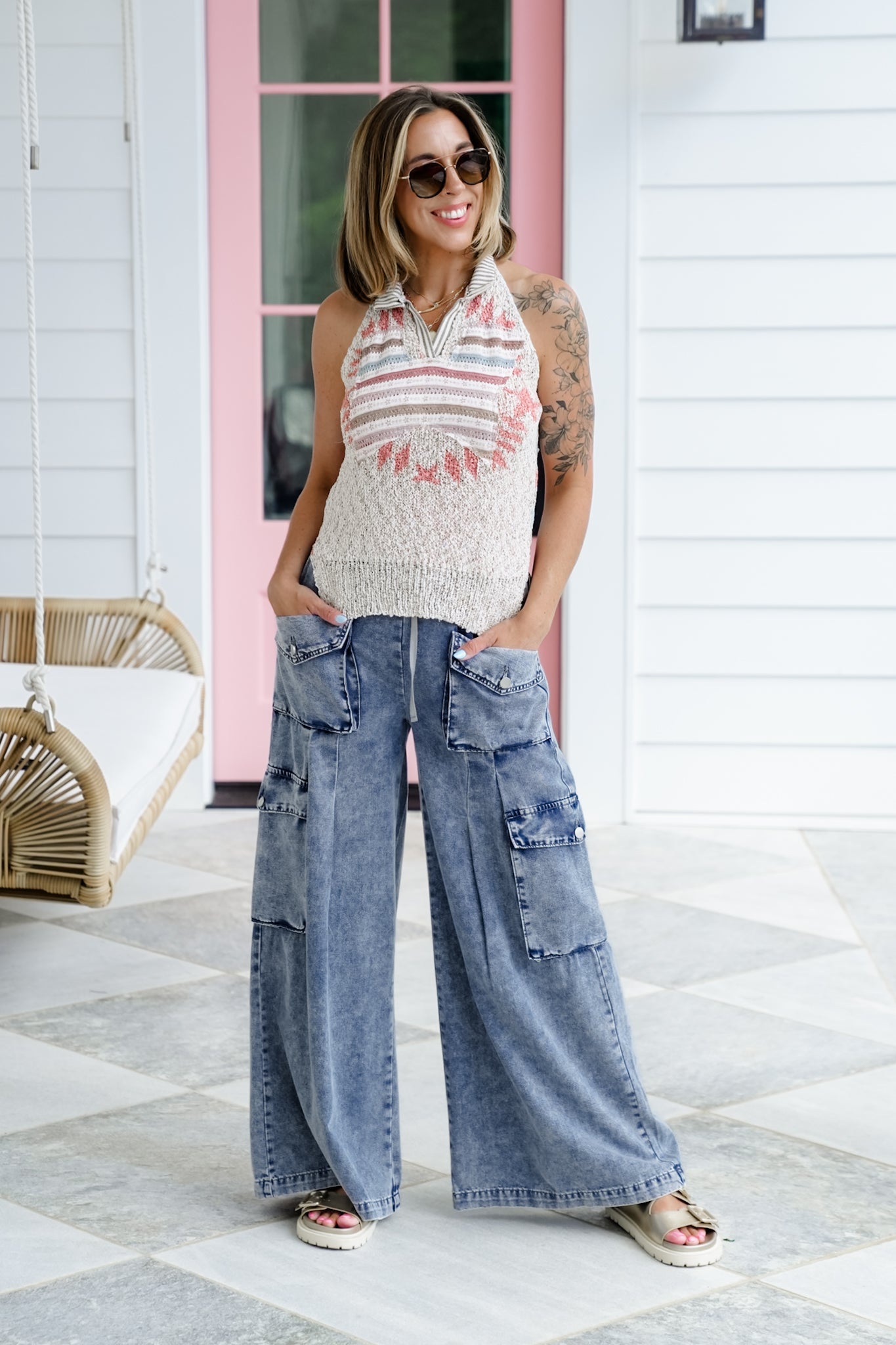 POL Print Sleeveless Split Neck Sweater with Stripe Detail