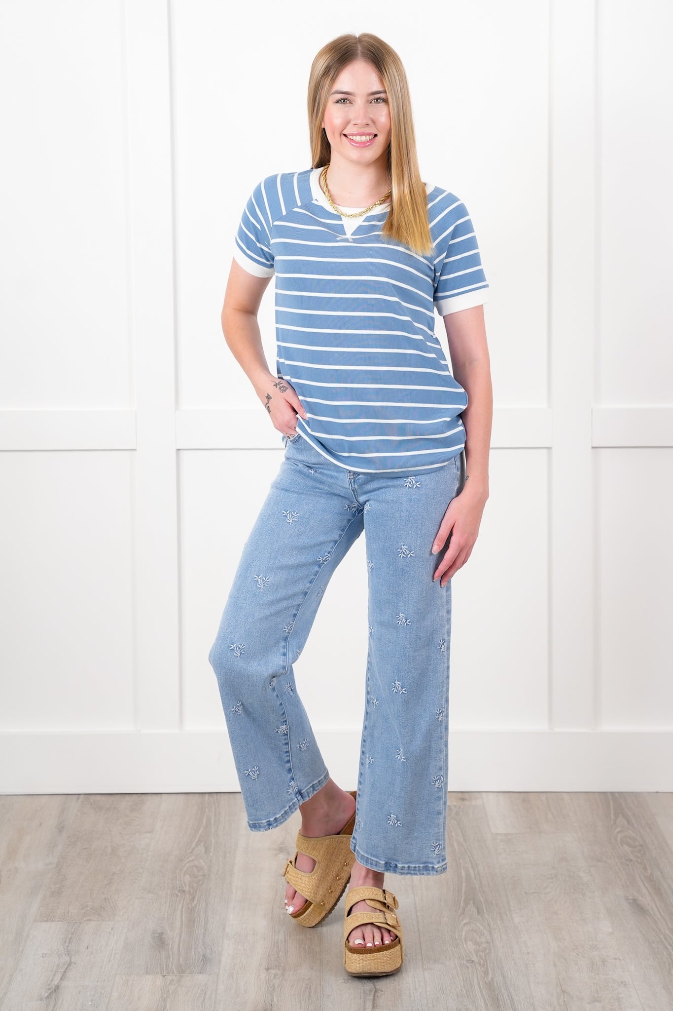 Stripe Short Sleeve Round Neck Top