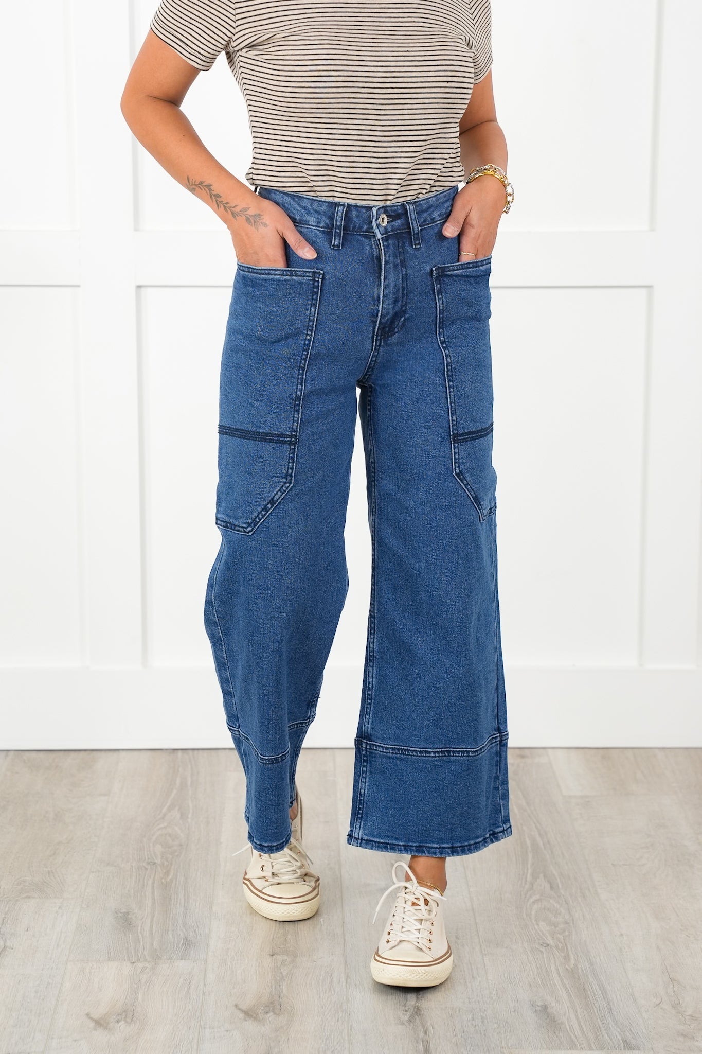 Special A High Rise Dark Wash Cropped Wide Leg Jeans with Extra Large Pockets