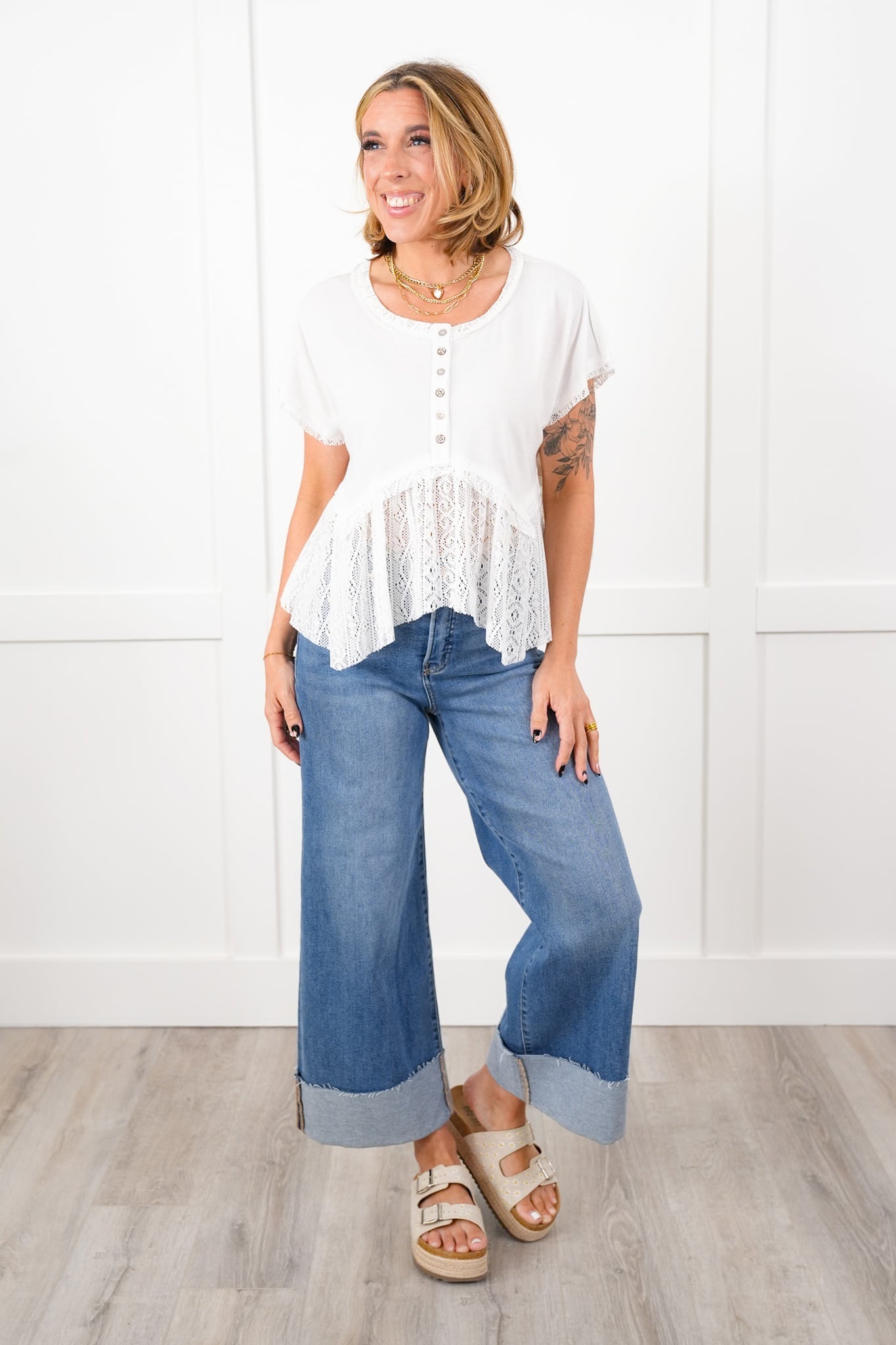 POL Short Sleeve Button Up Knit Top with Crochet Detail