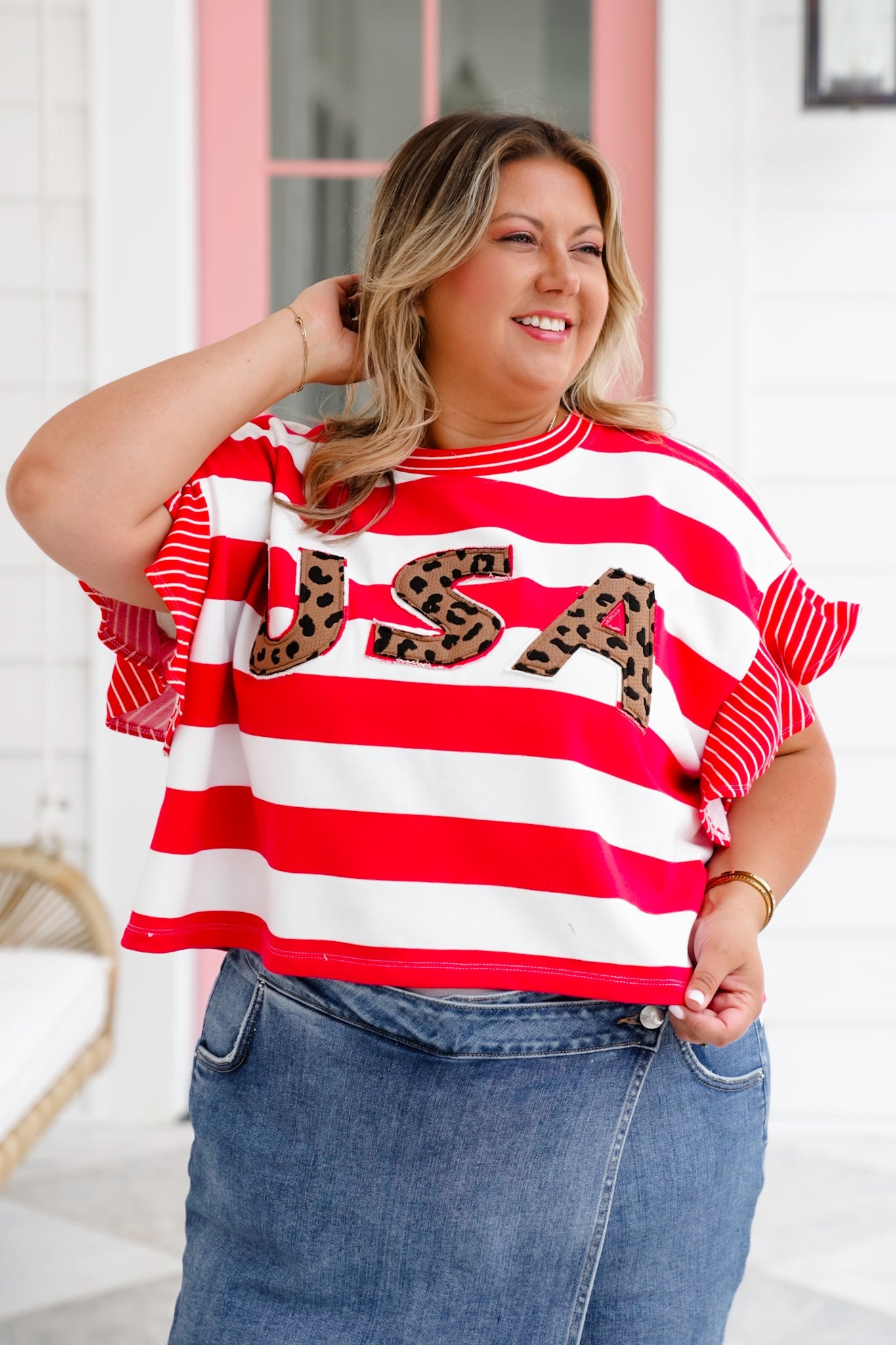 Stripe Ruffle Sleeve Top with Leopard "USA" Detail