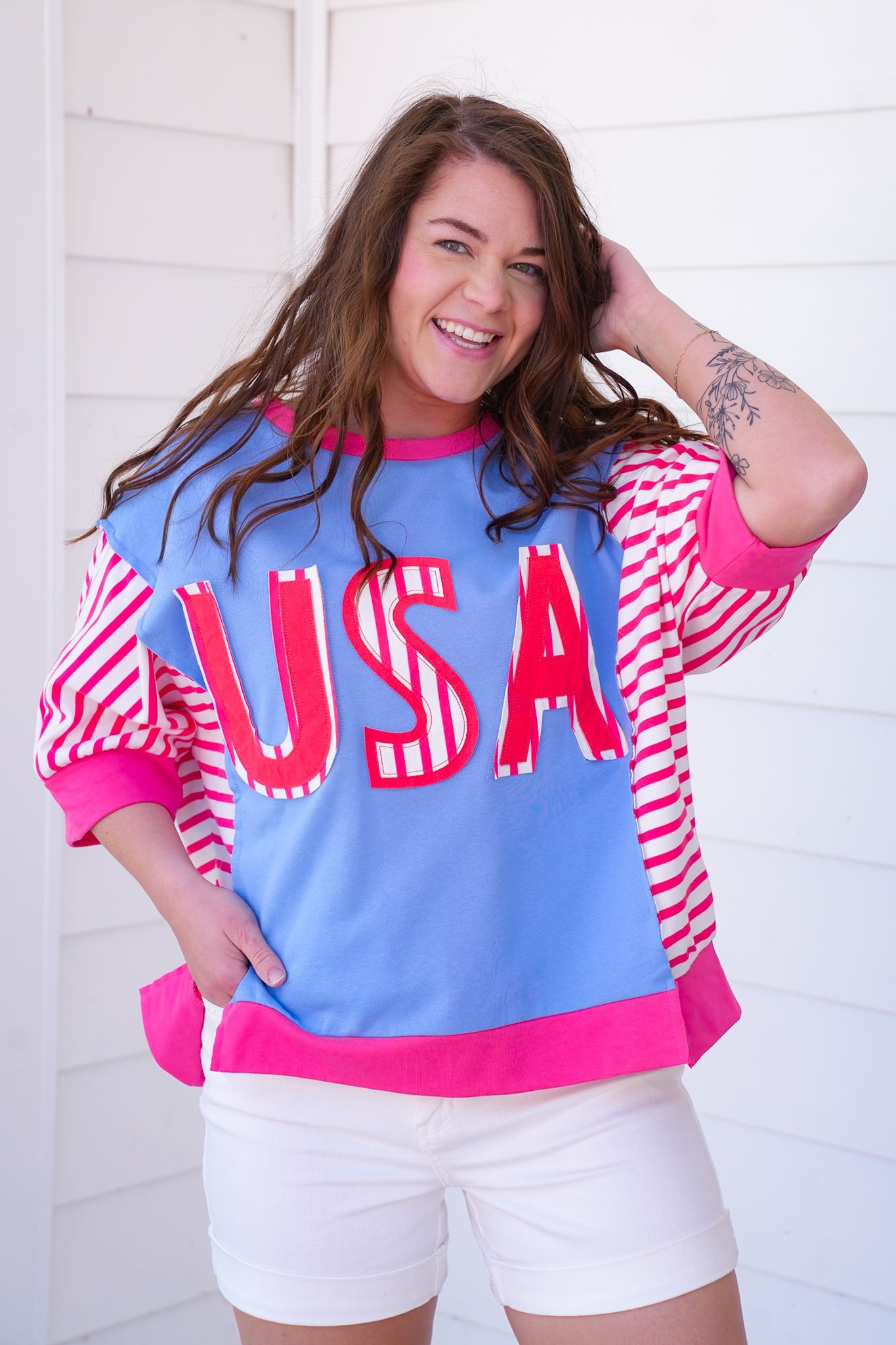 Restock! USA Lettering Patchwork Short Sleeve Pullover Top