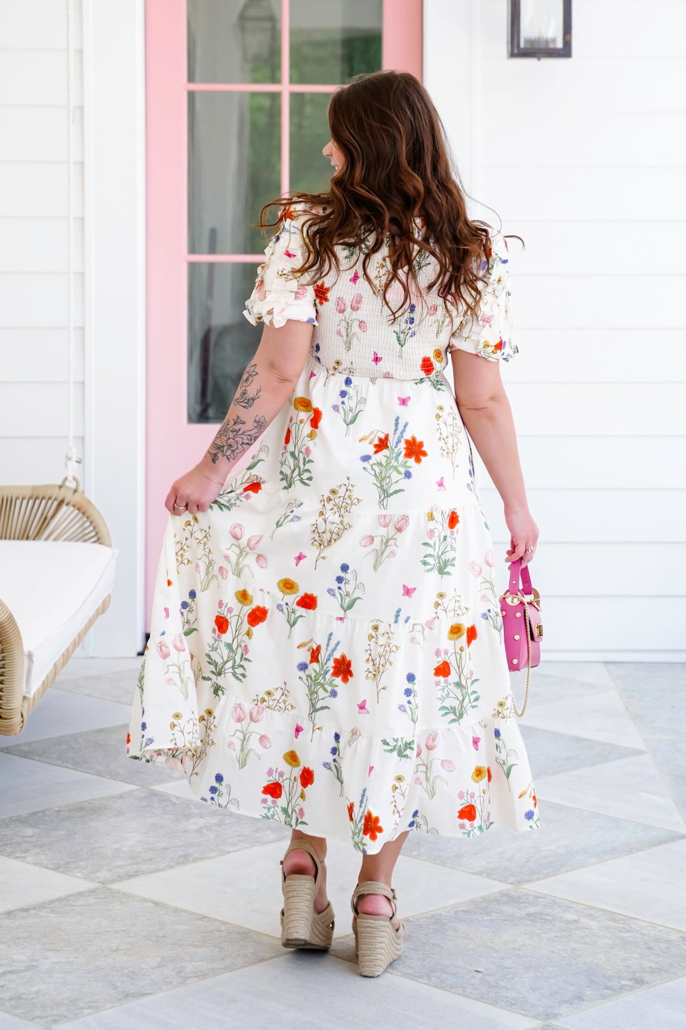Floral Print Short Puff Sleeve Smocked Bodice Tiered Maxi Dress