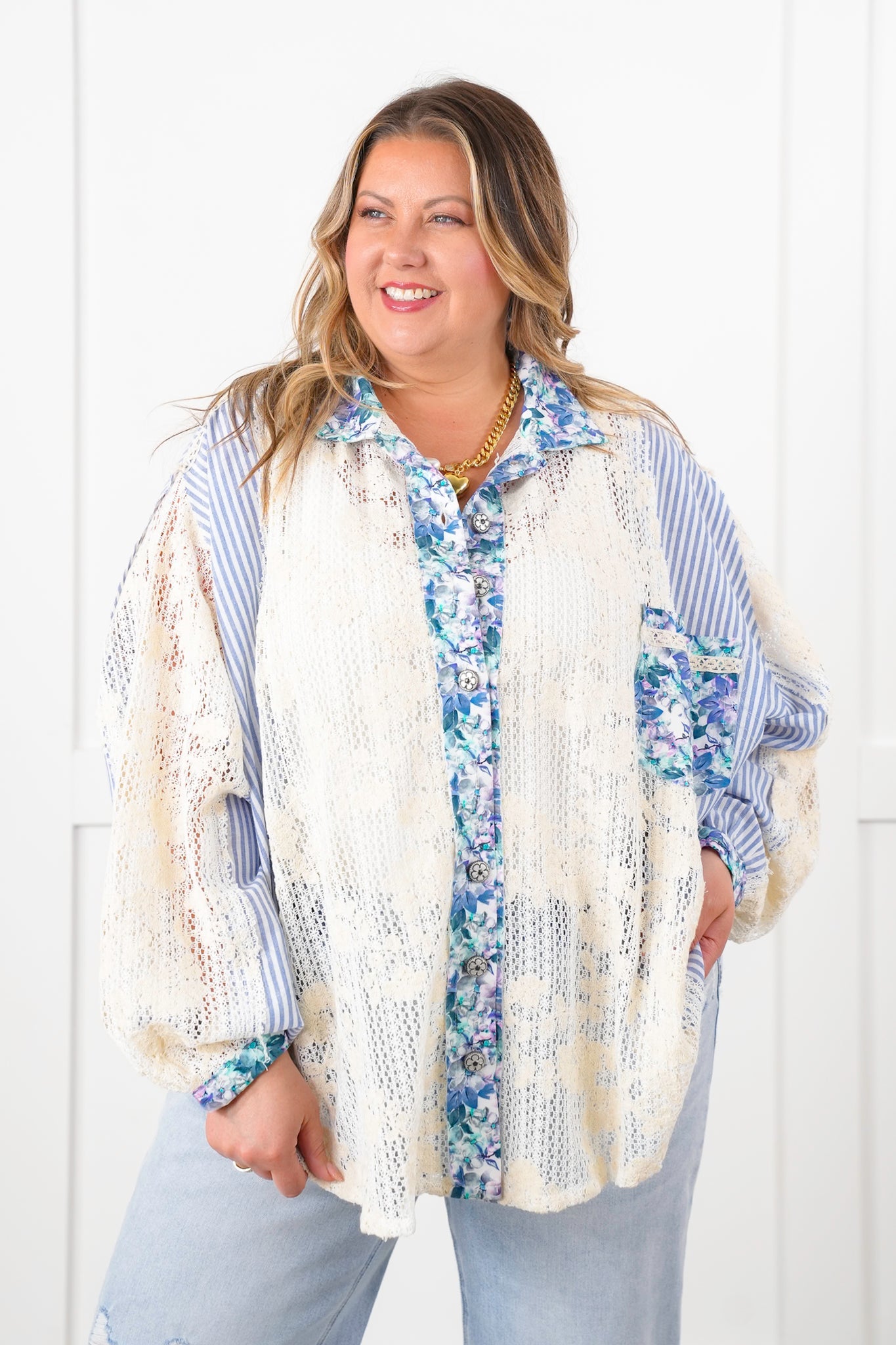 POL Stripe Long Sleeve Button Down Shacket with Floral and Lace Detail - New Colors!