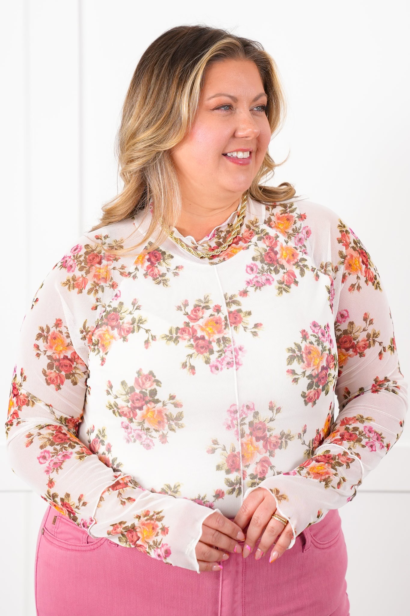 Plus/Reg Floral Long Sleeve Mock Neck Mesh Top