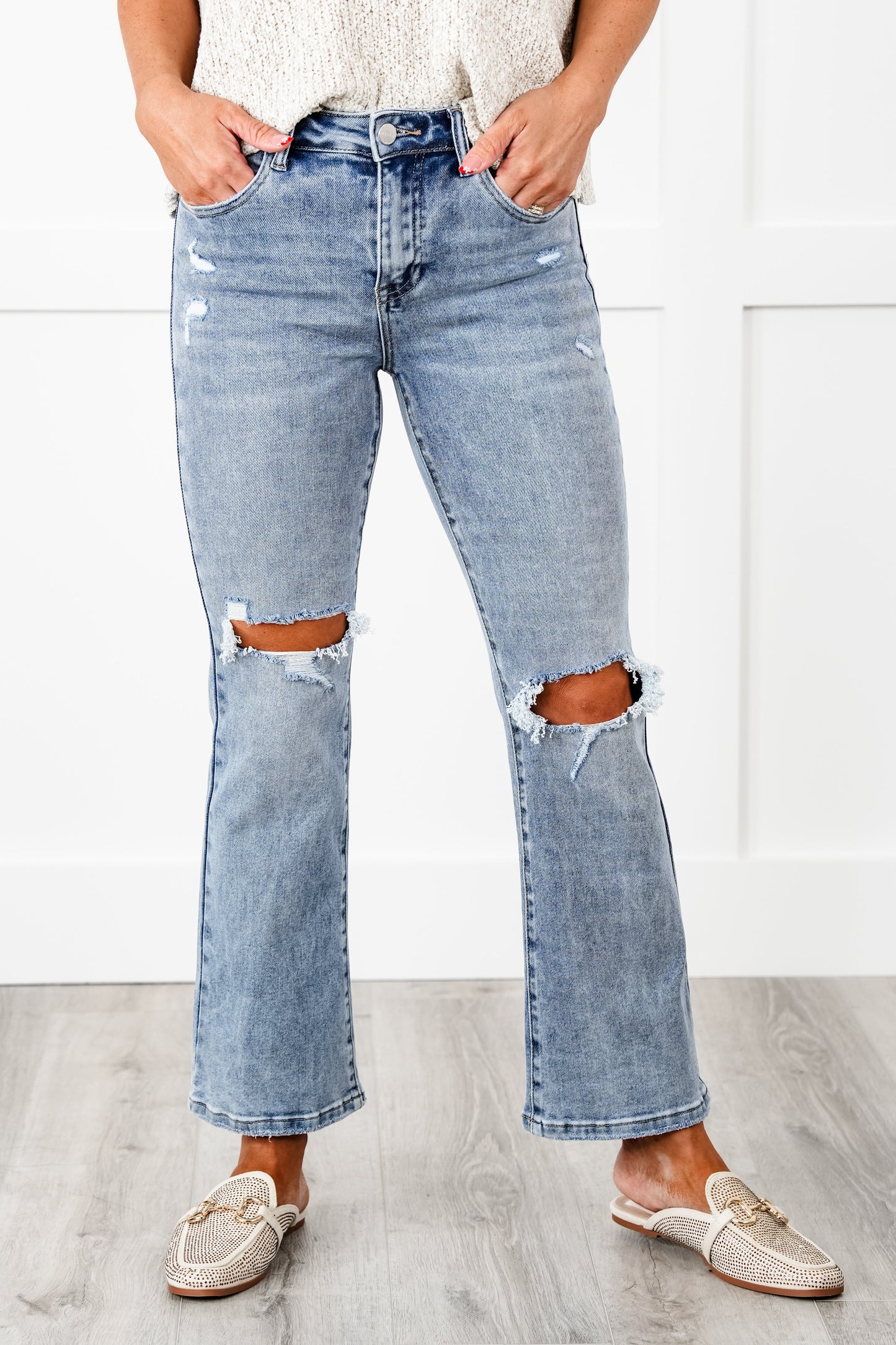 Risen Dressed to Impress High Rise Medium Wash Distressed Knee Ankle Flare Jeans