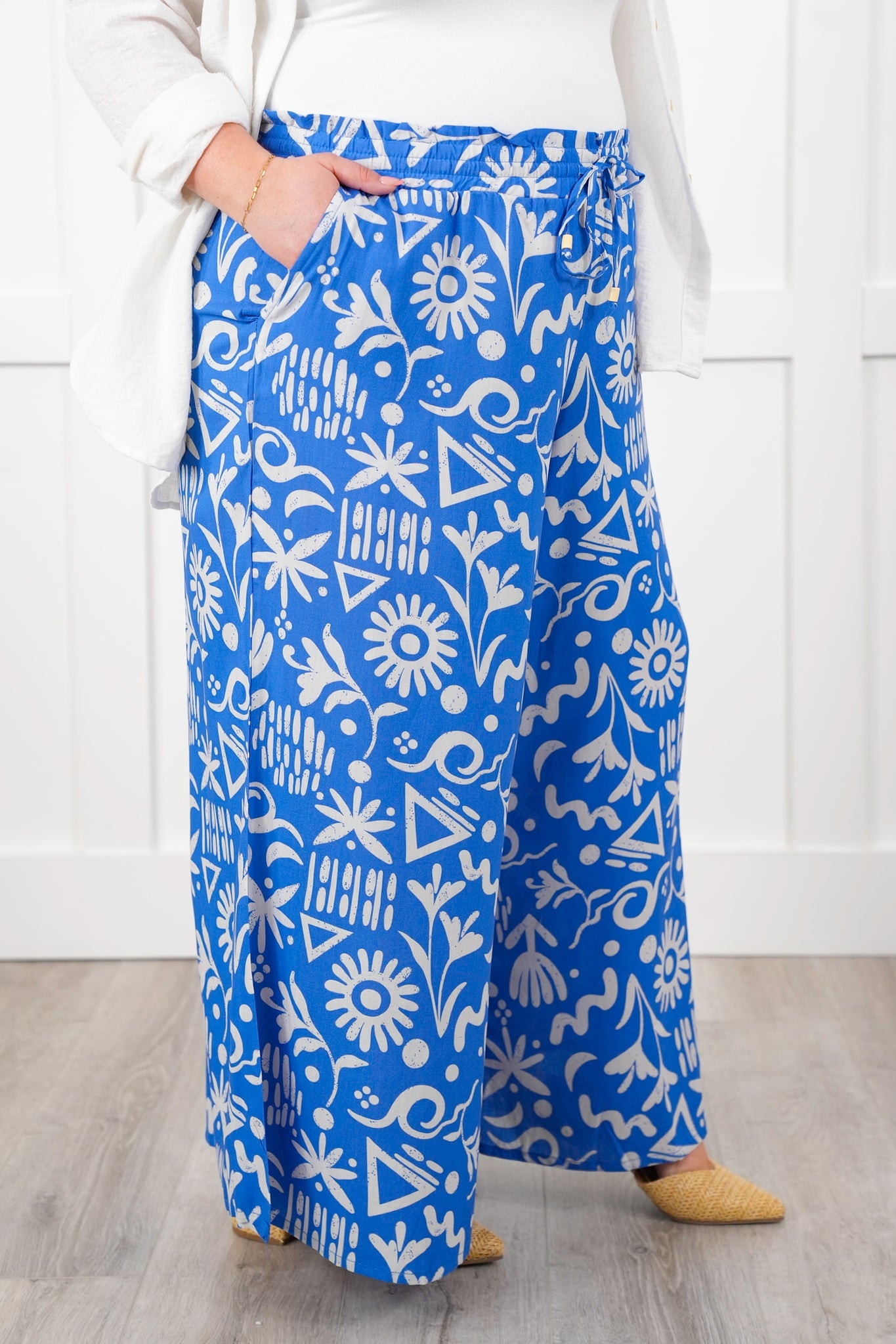 Plus/Reg Tropical Print Elastic Waist Wide Leg Pants