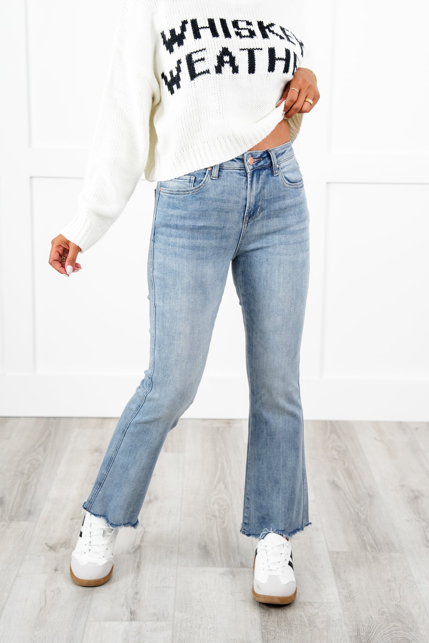Mica High Rise Light Wash Uneven Hem Cropped Flare Jeans