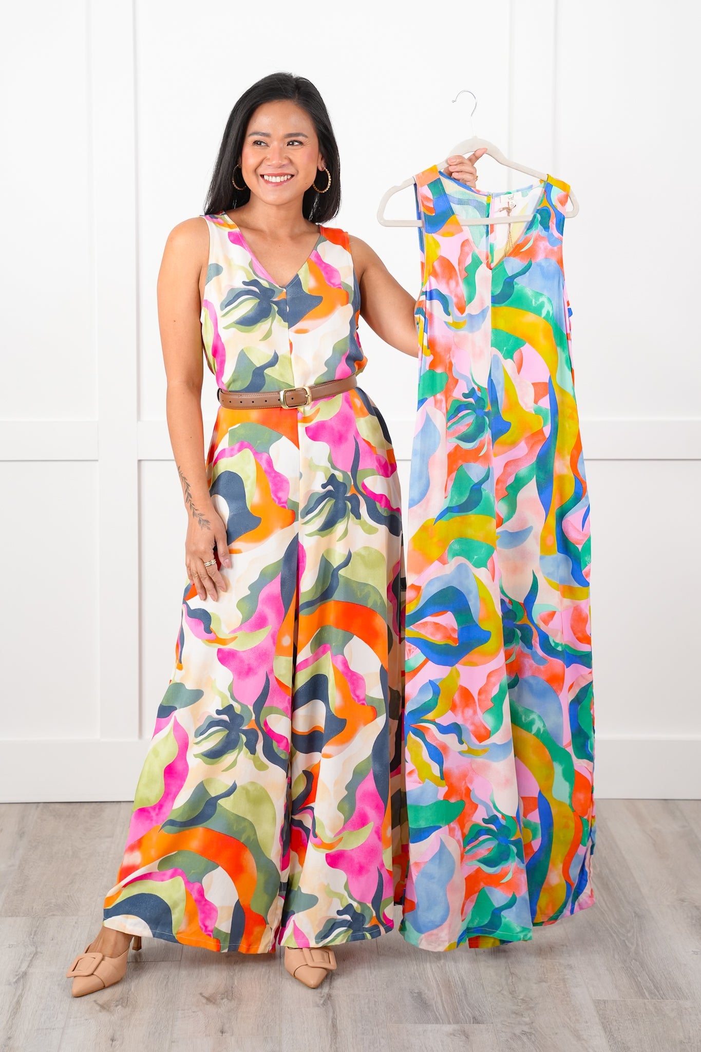 Abstract Print Sleeveless V Neck Wide Leg Jumpsuit