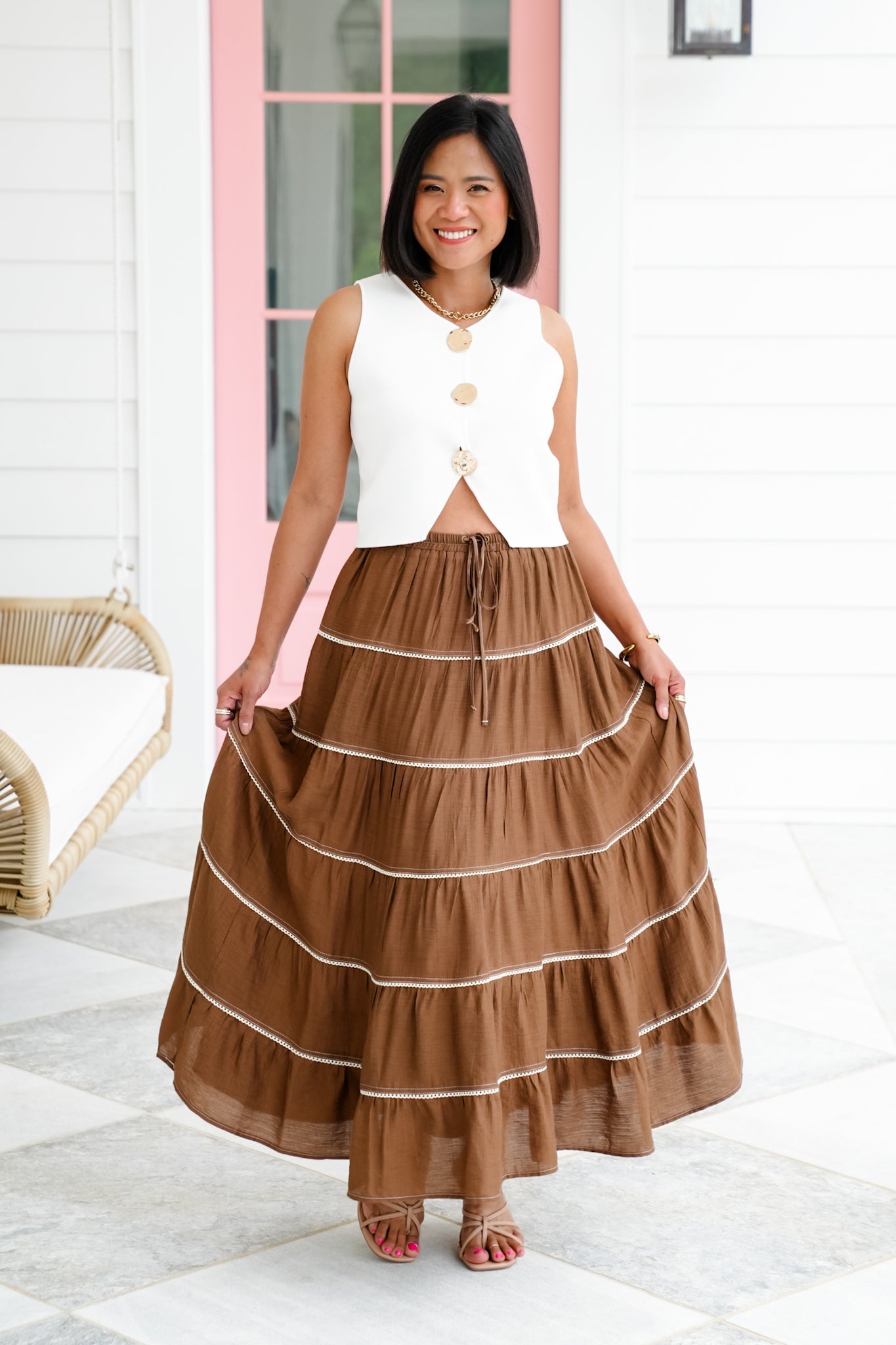 Elastic Waist Tiered Maxi Skirt with Crochet Trim Detail