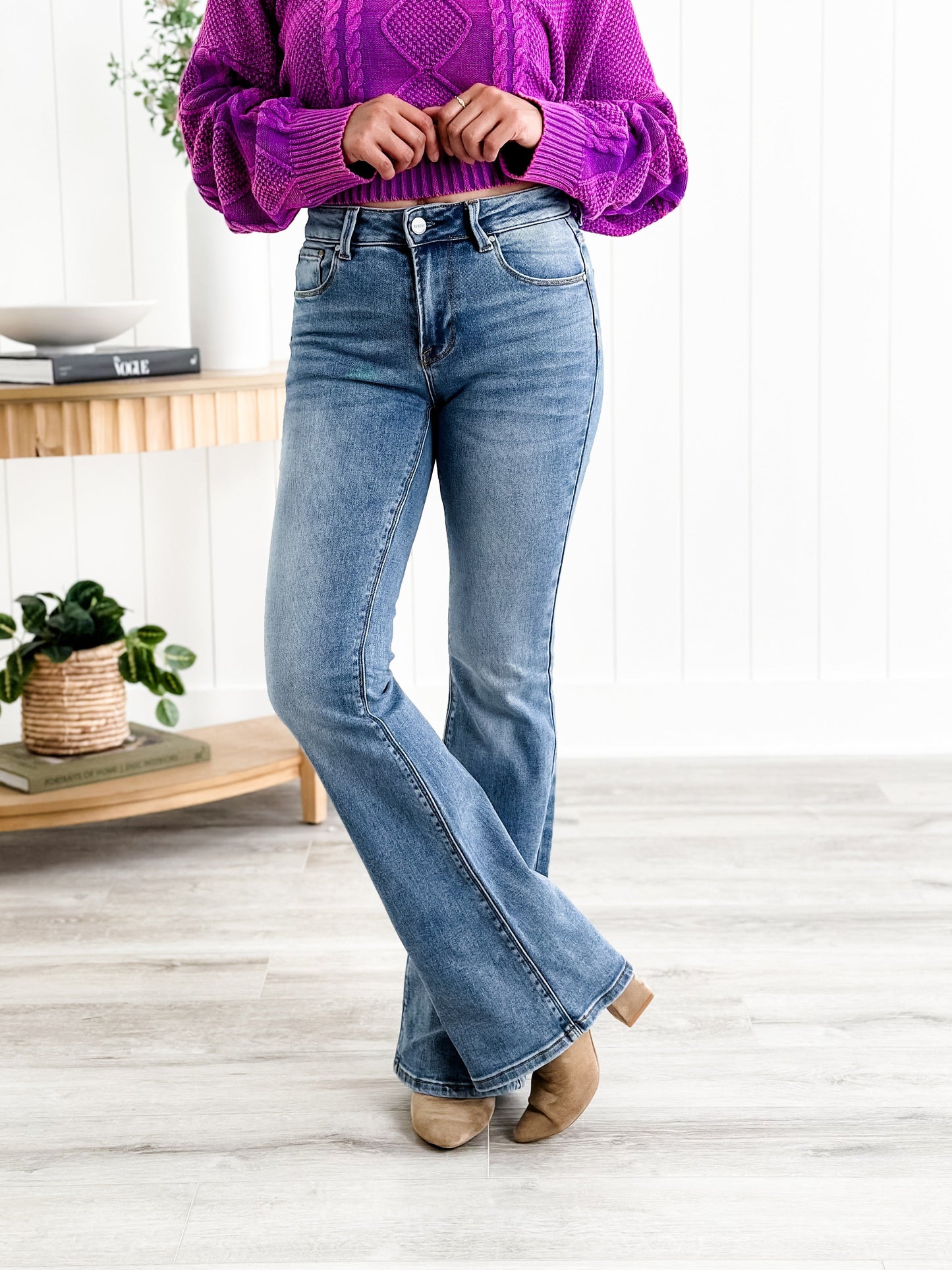 Freckled Poppy X Risen Wildest Dreams Mid Rise Medium Wash Basic Non Distressed Flare Jeans