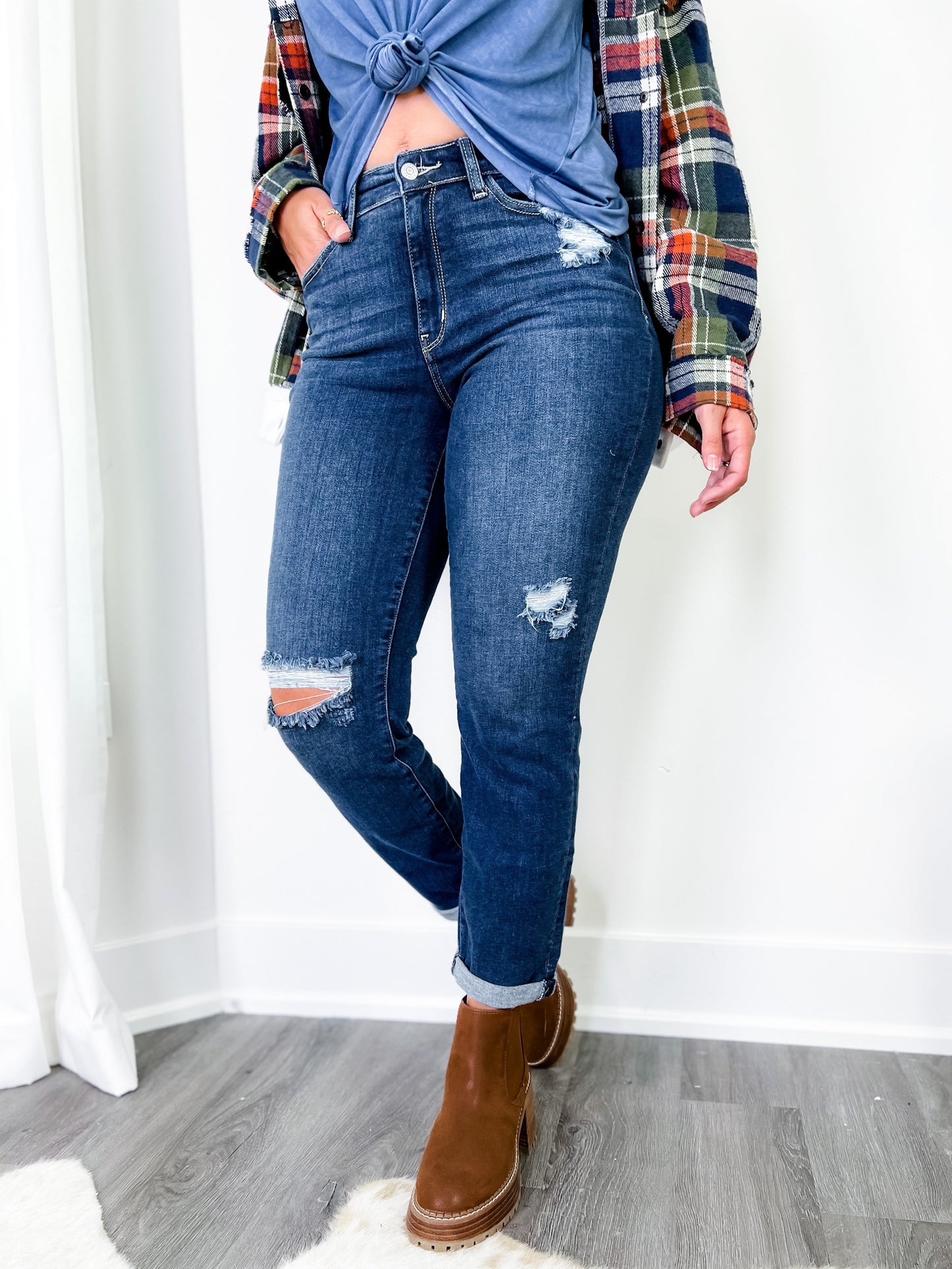 Judy Blue Casual Friday High Rise Cuffed Boyfriend Distressed Jeans
