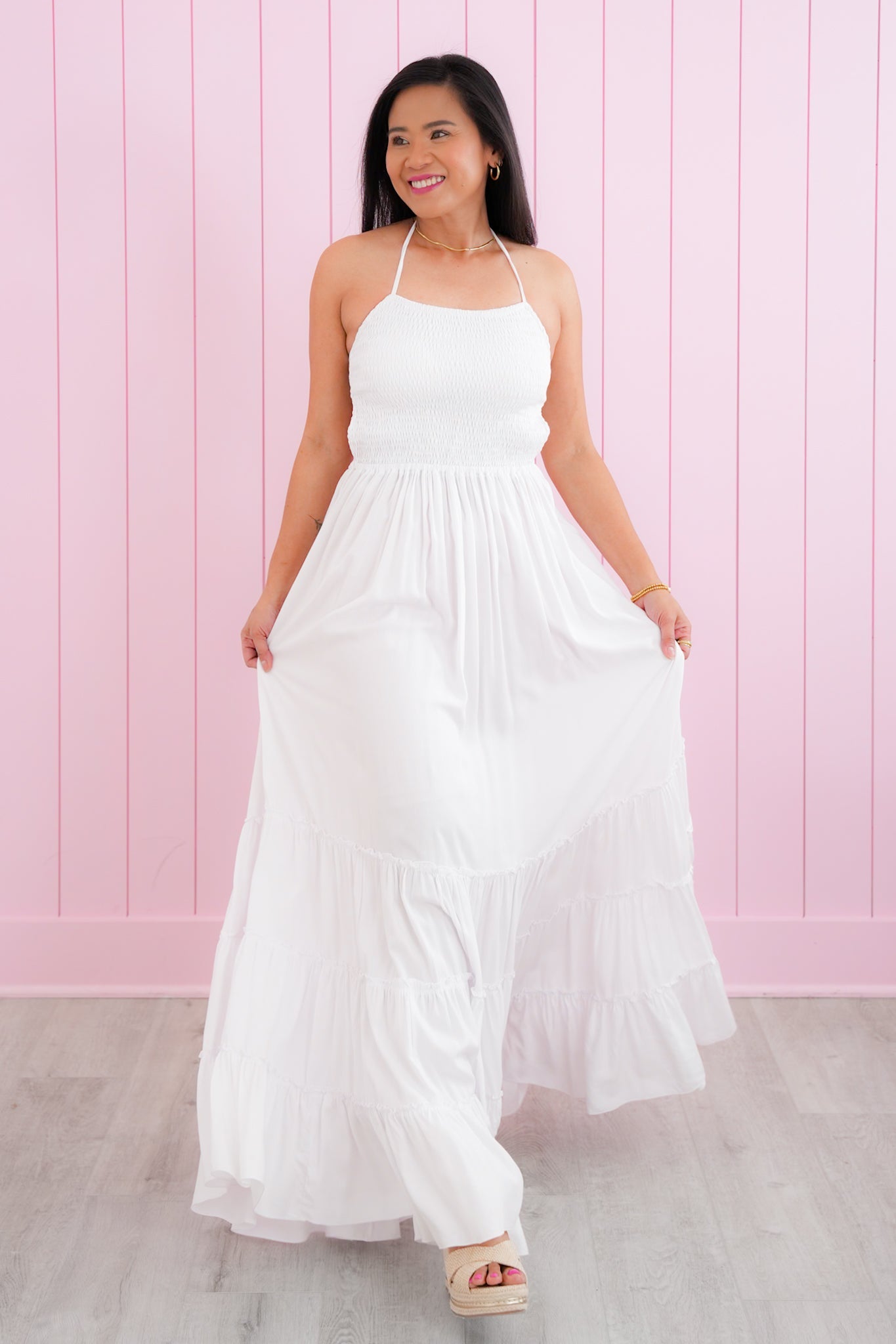 Tiare Hawaii White Smocked Tiered Maxi Dress With Back Strap Detail