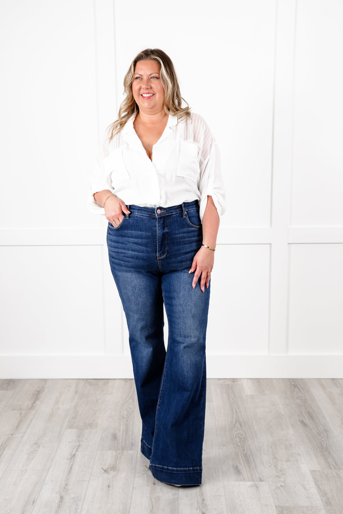 Risen High Rise Dark Wash Tummy Control Elastic Waistband Flare Jeans