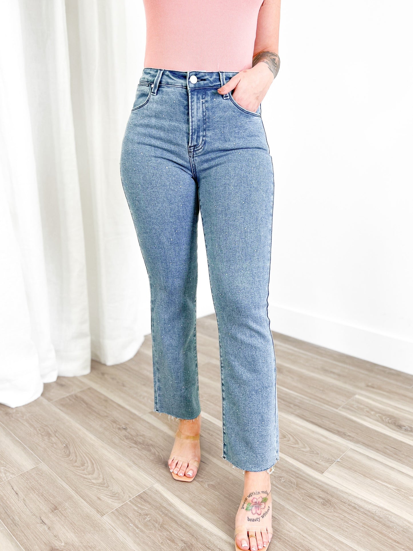 Risen Medium Wash High Rise Slim Straight Jeans With Rhinestones