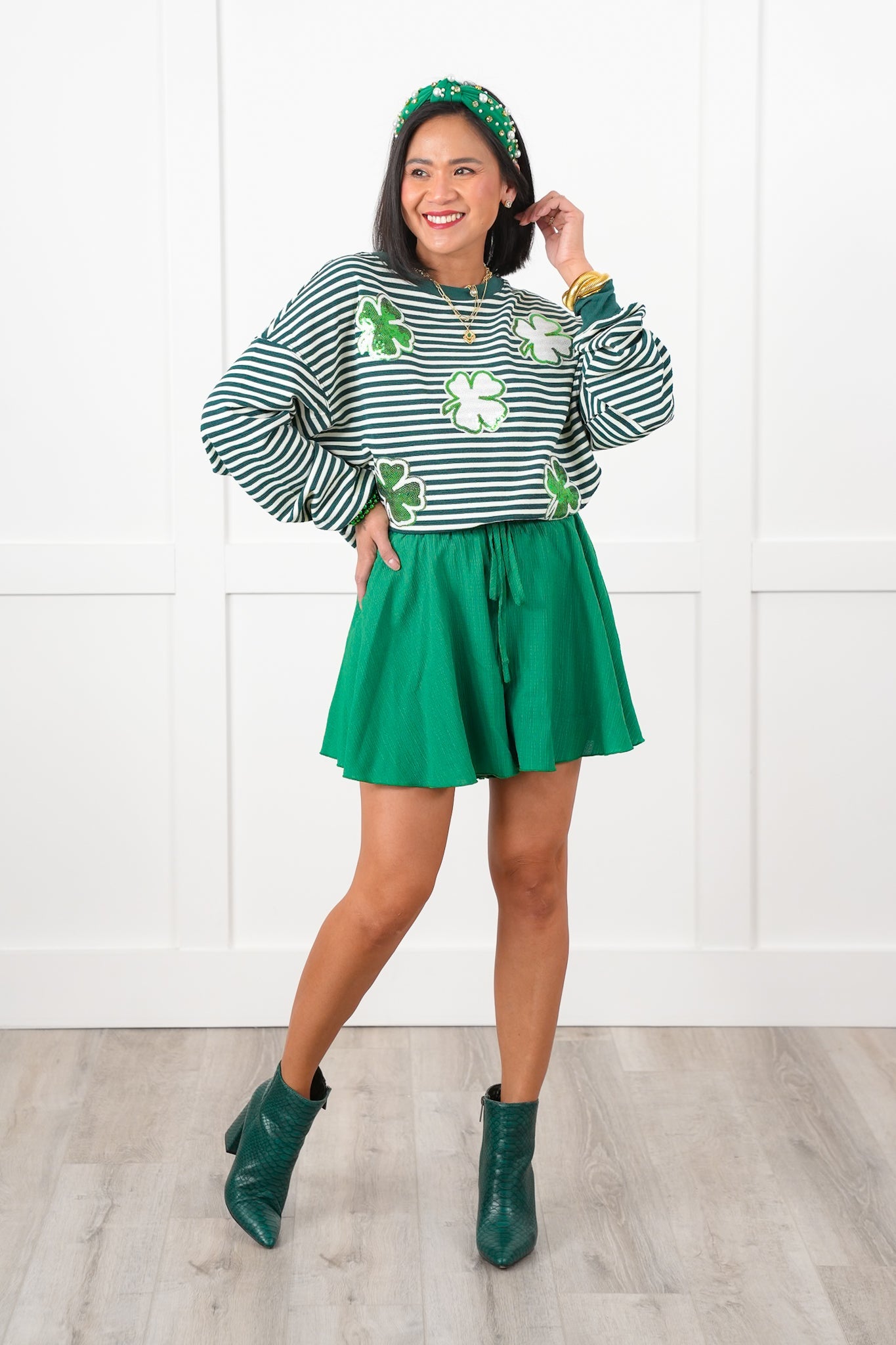 Sequin 4 Leaf Clover Stripe Long Sleeve Top