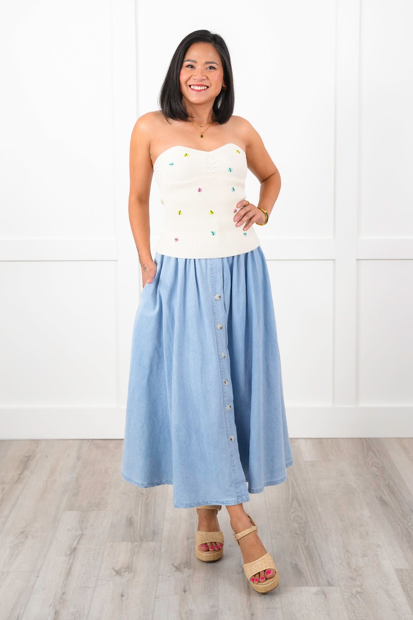 Strapless Ribbed Knit Top with Floral Embroidery Detail
