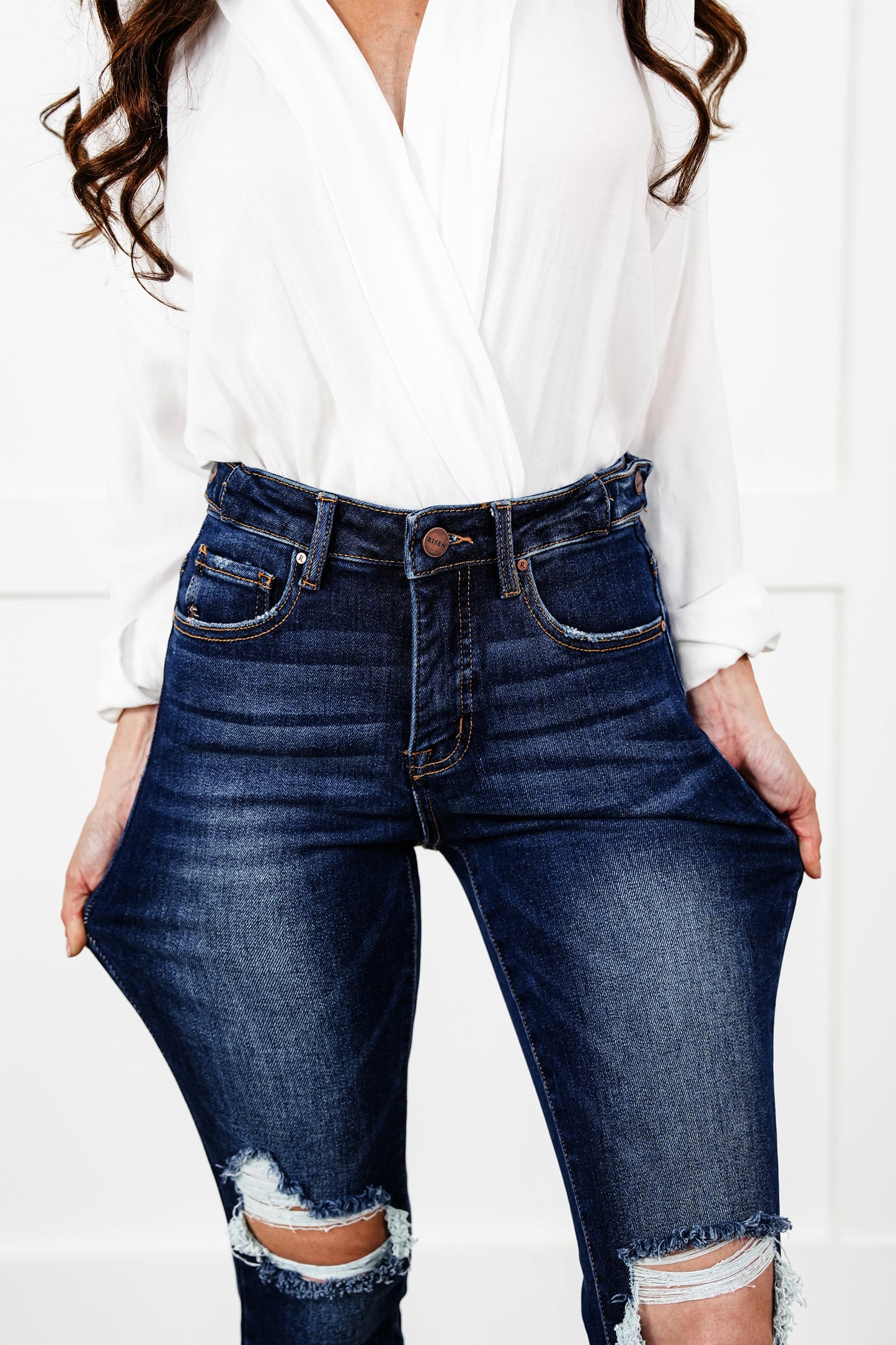 Risen High Rise Dark Wash Distressed Tummy Control Adjustable Waist Skinny Jeans