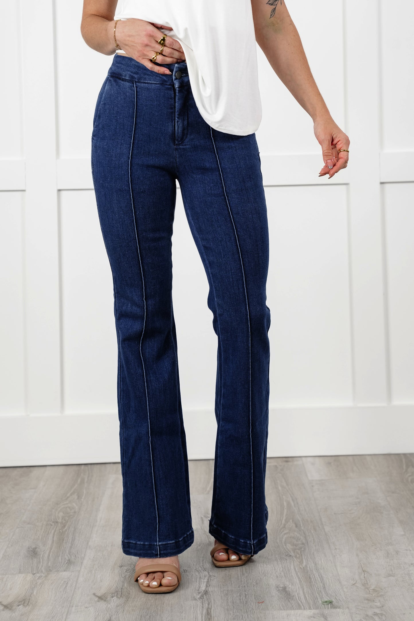 Special A High Rise Dark Wash Tummy Control Flare Jeans with Front Seam Detail