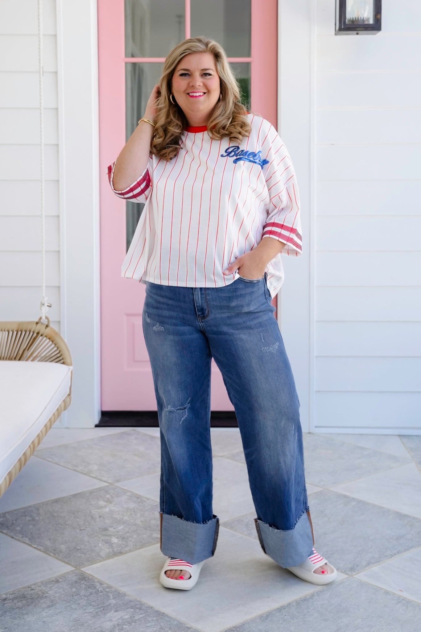 Stripe Short Sleeve Baseball Top with Sequin Detail