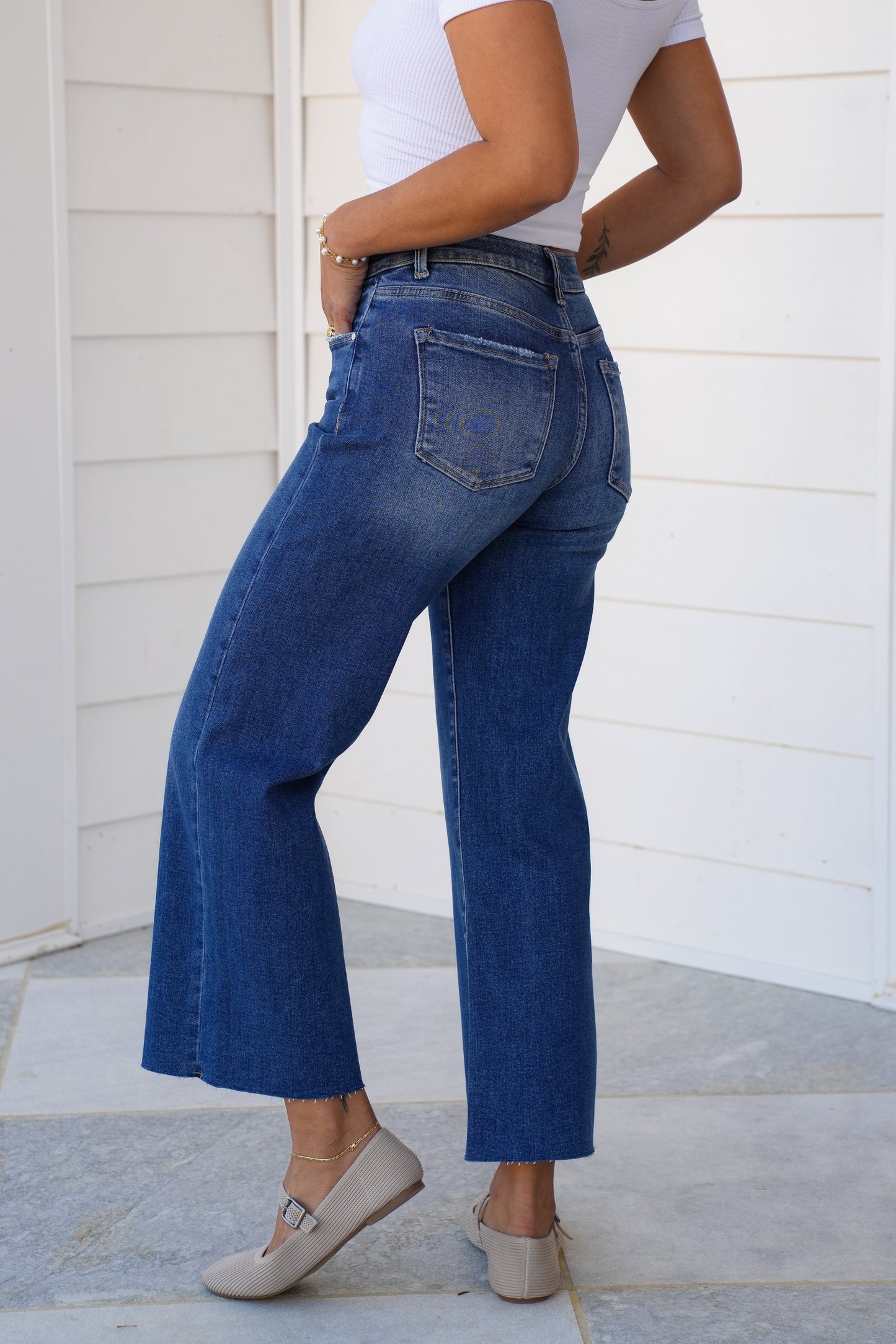 Risen Mid Rise Dark Wash Tummy Control Elastic Waistband Cropped Wide Leg Jeans