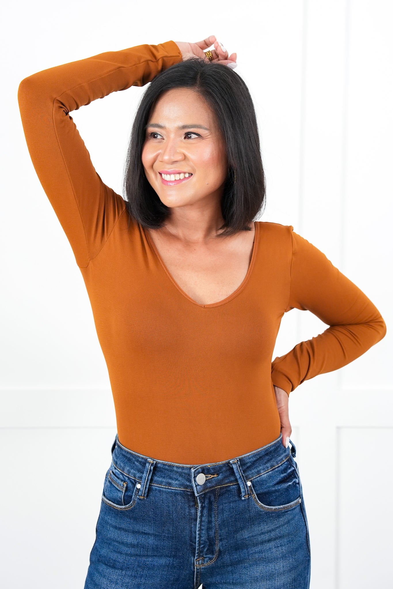 Door Buster! Plus/Reg Solid Reversible Long Sleeve V-Neck/Scoop-Neck Bodysuit