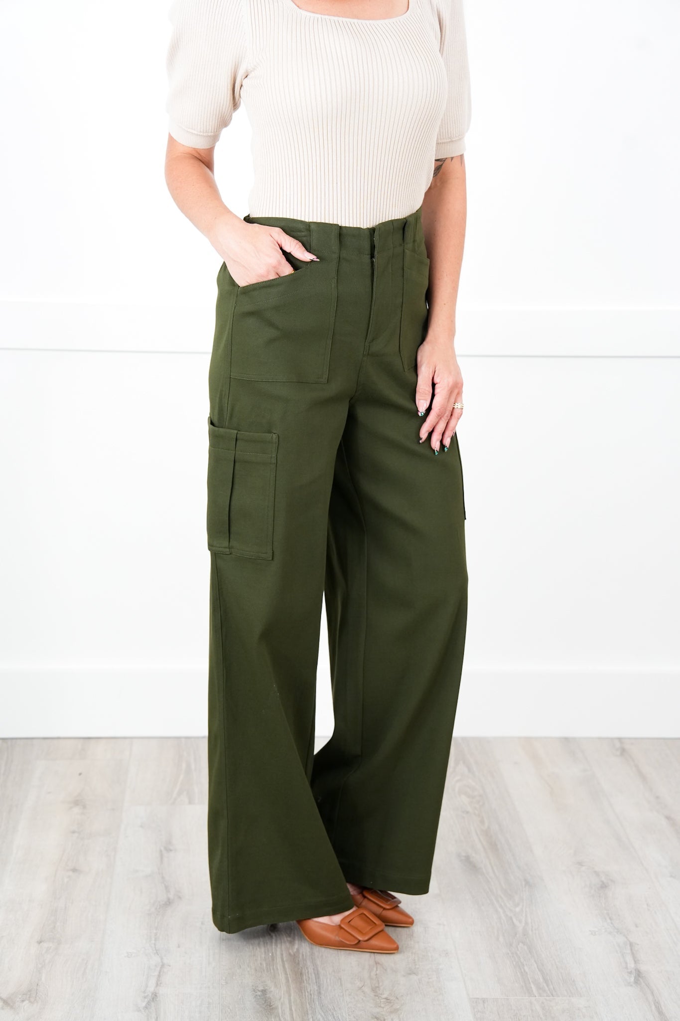 Solid High Waisted Cargo Pants with Pockets