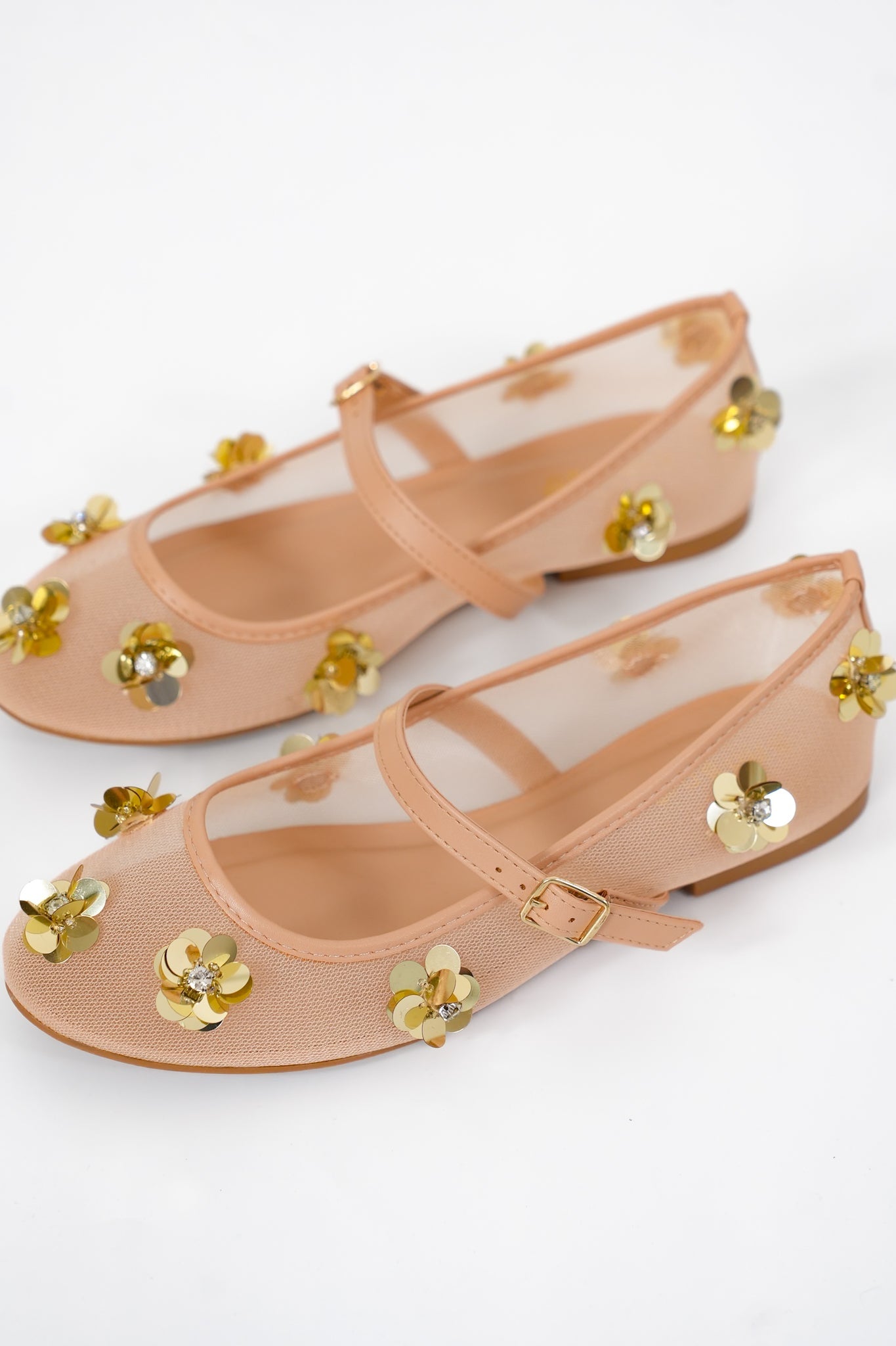 Elegant Mesh Mary Jane Flats with Gold Floral Embellishments