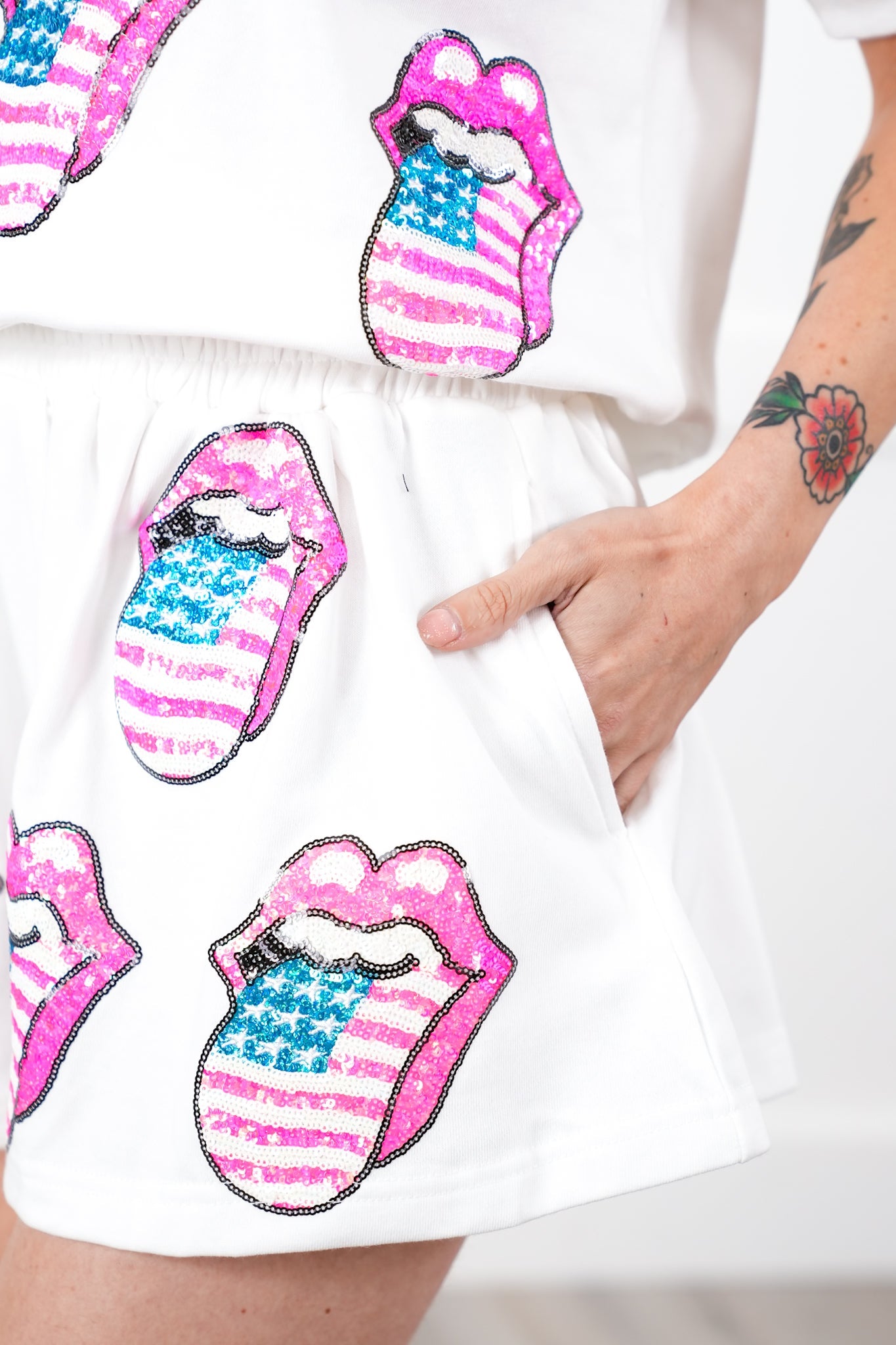 White Elastic Waist Shorts With Rolling Stones Sequin Lips And Tongue Detail