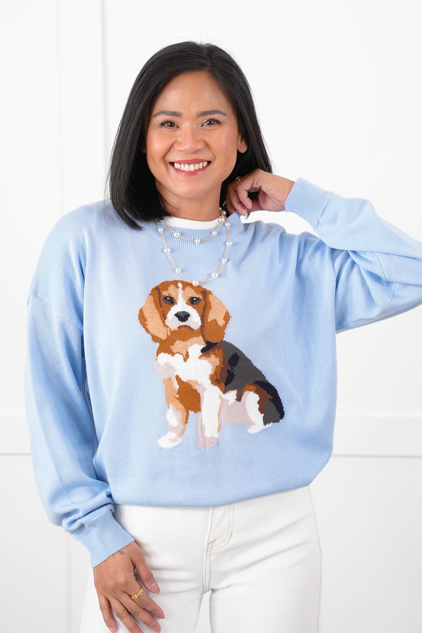 Long Sleeve Crew Neck Knit Sweater with "Beagle" Detail
