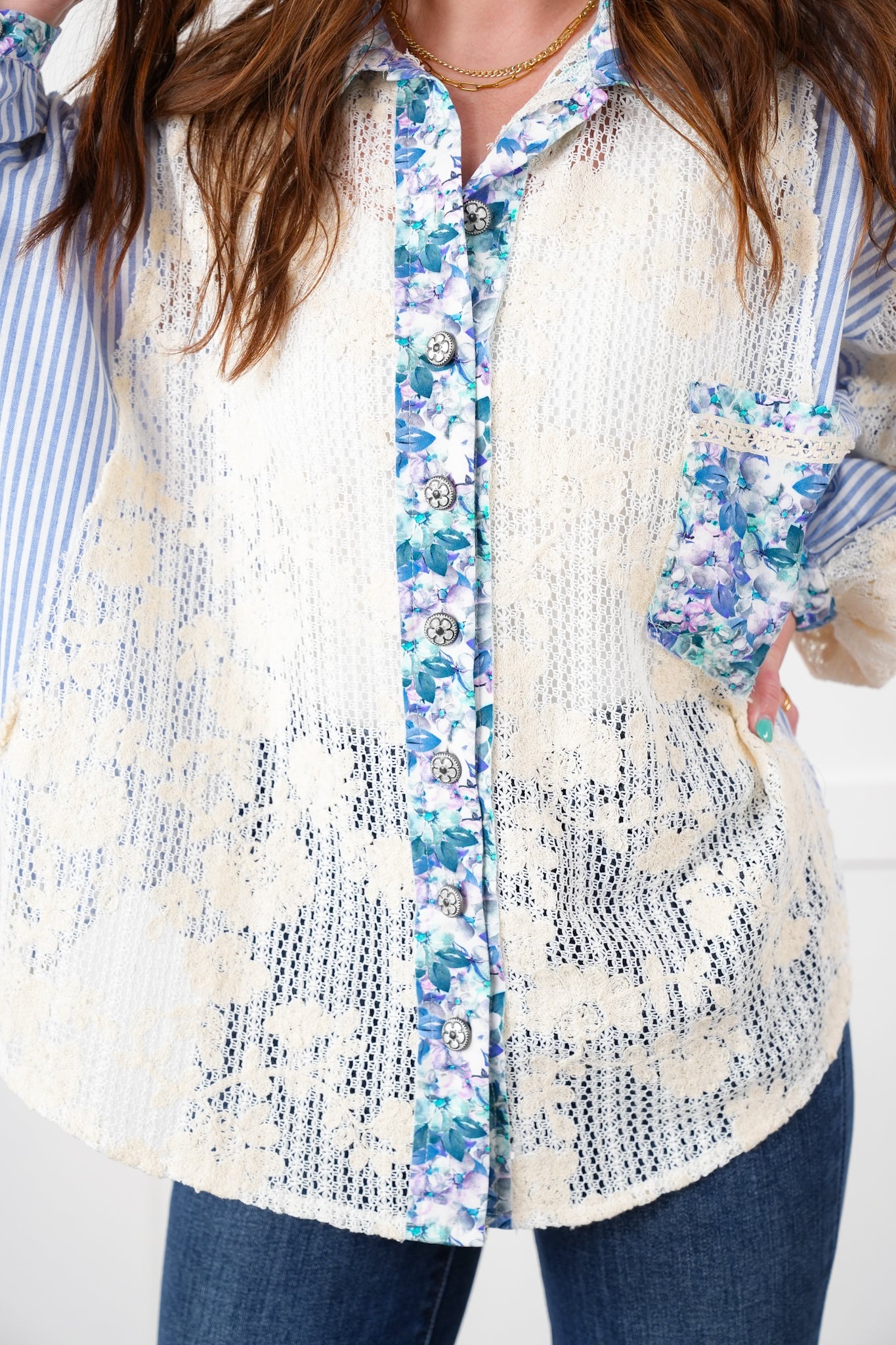 POL Stripe Long Sleeve Button Down Shacket with Floral and Lace Detail - New Colors!