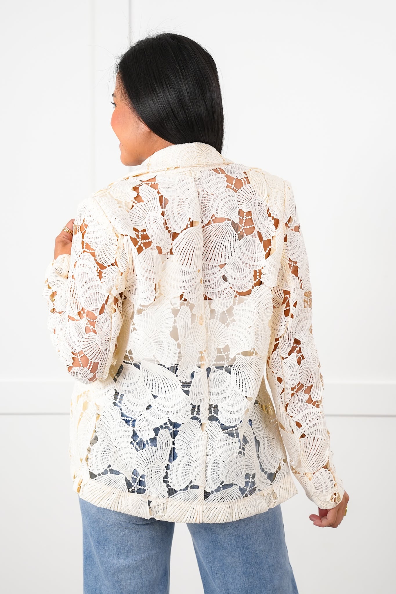 Natural Lace Long Sleeve Button Blazer