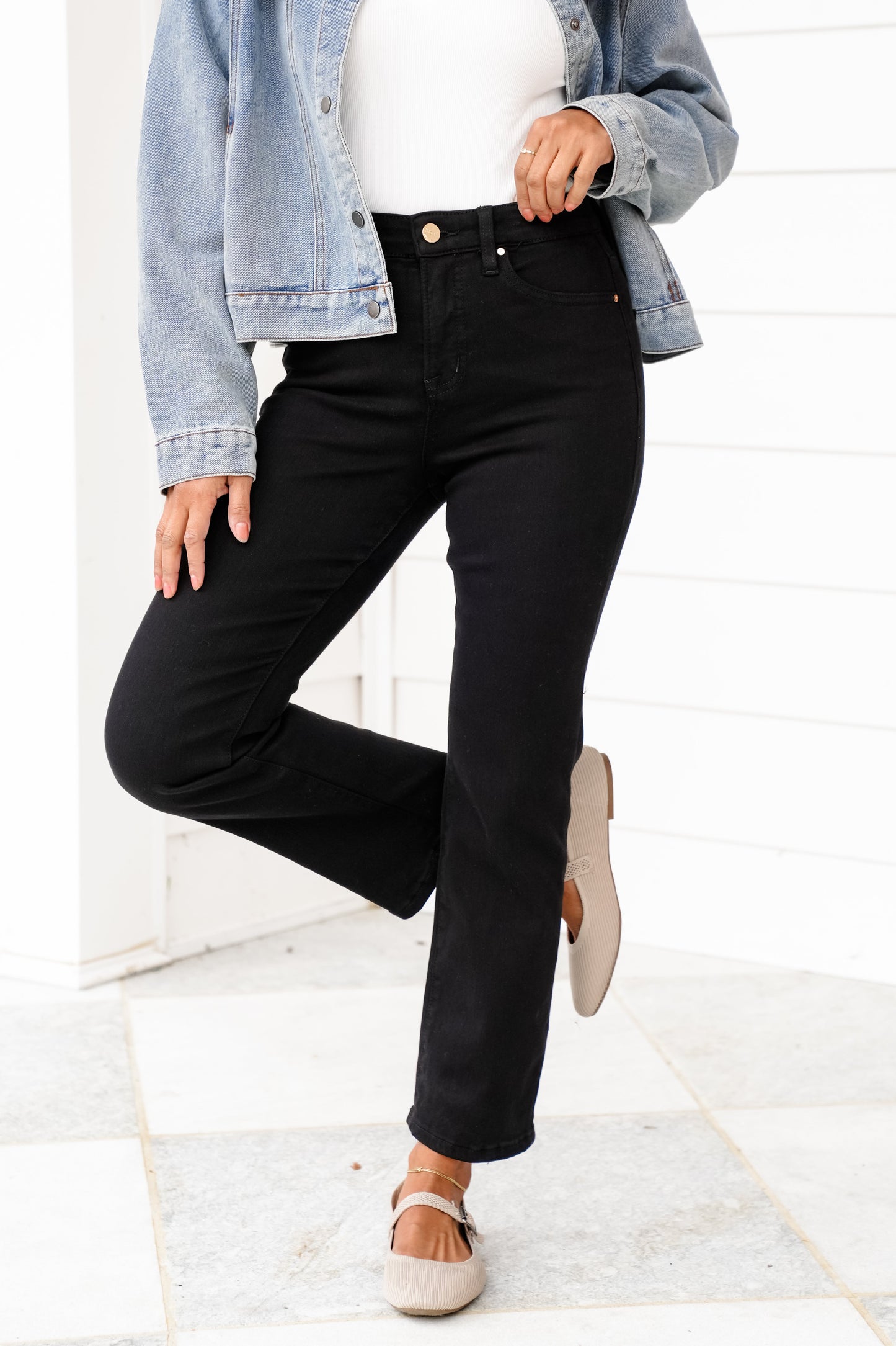 Risen She's a Ten High Rise Black Tummy Control Elastic Waistband Cropped Straight Leg Jeans
