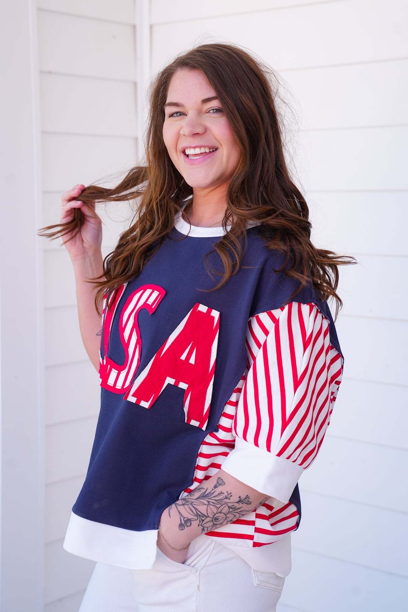 Restock! USA Lettering Patchwork Short Sleeve Pullover Top