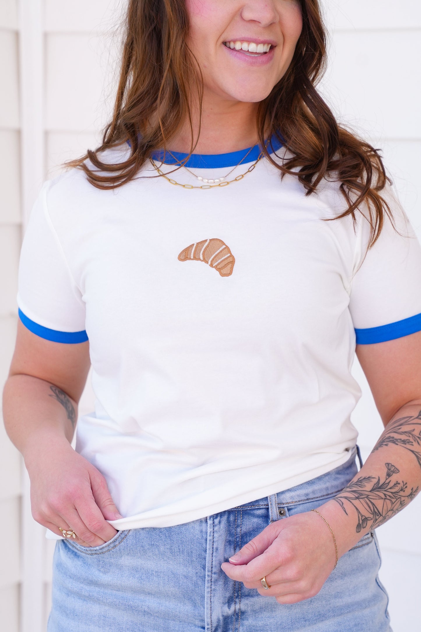 Short Sleeve Knit Top with Croissant Embroidered Detail