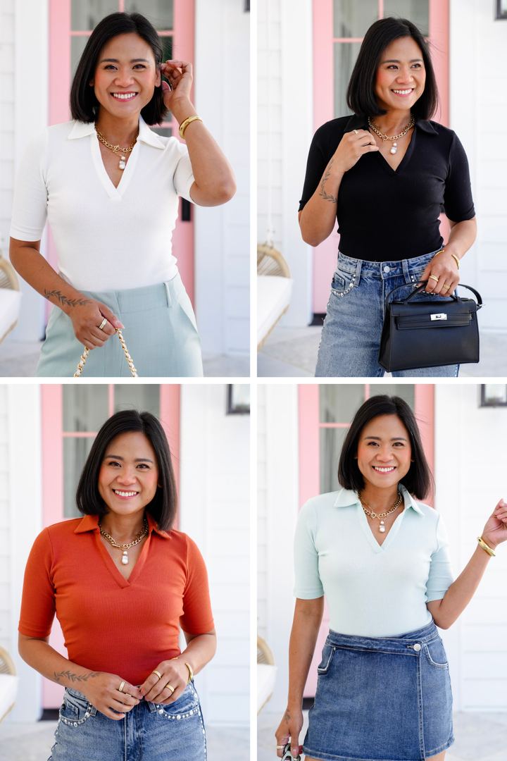 Ribbed Knit Short Sleeve Polo Neck Bodysuit