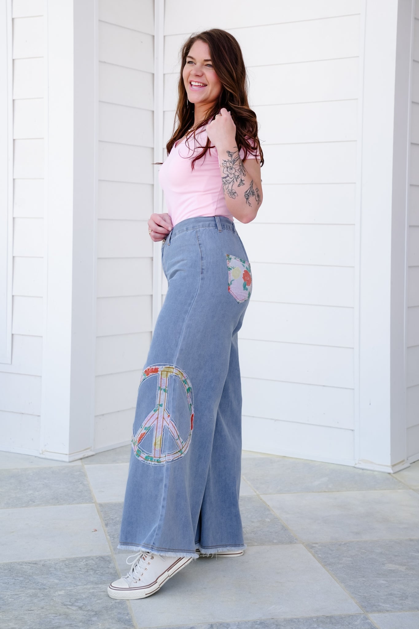 POL Vintage Wash Denim Wide Leg Pants with Peace Sign Patch Detail