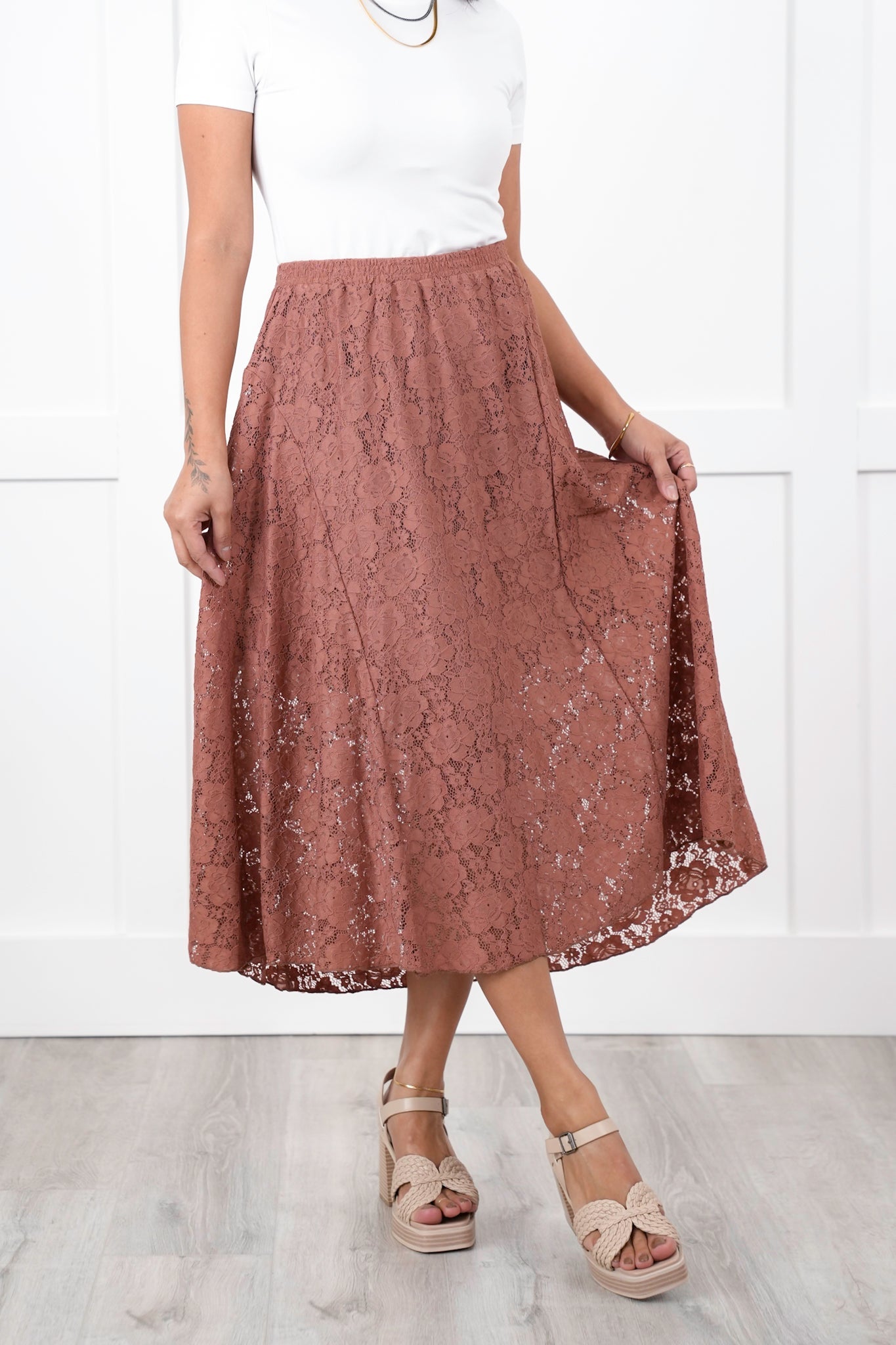 Floral Lace Elastic Waist Midi Skirt