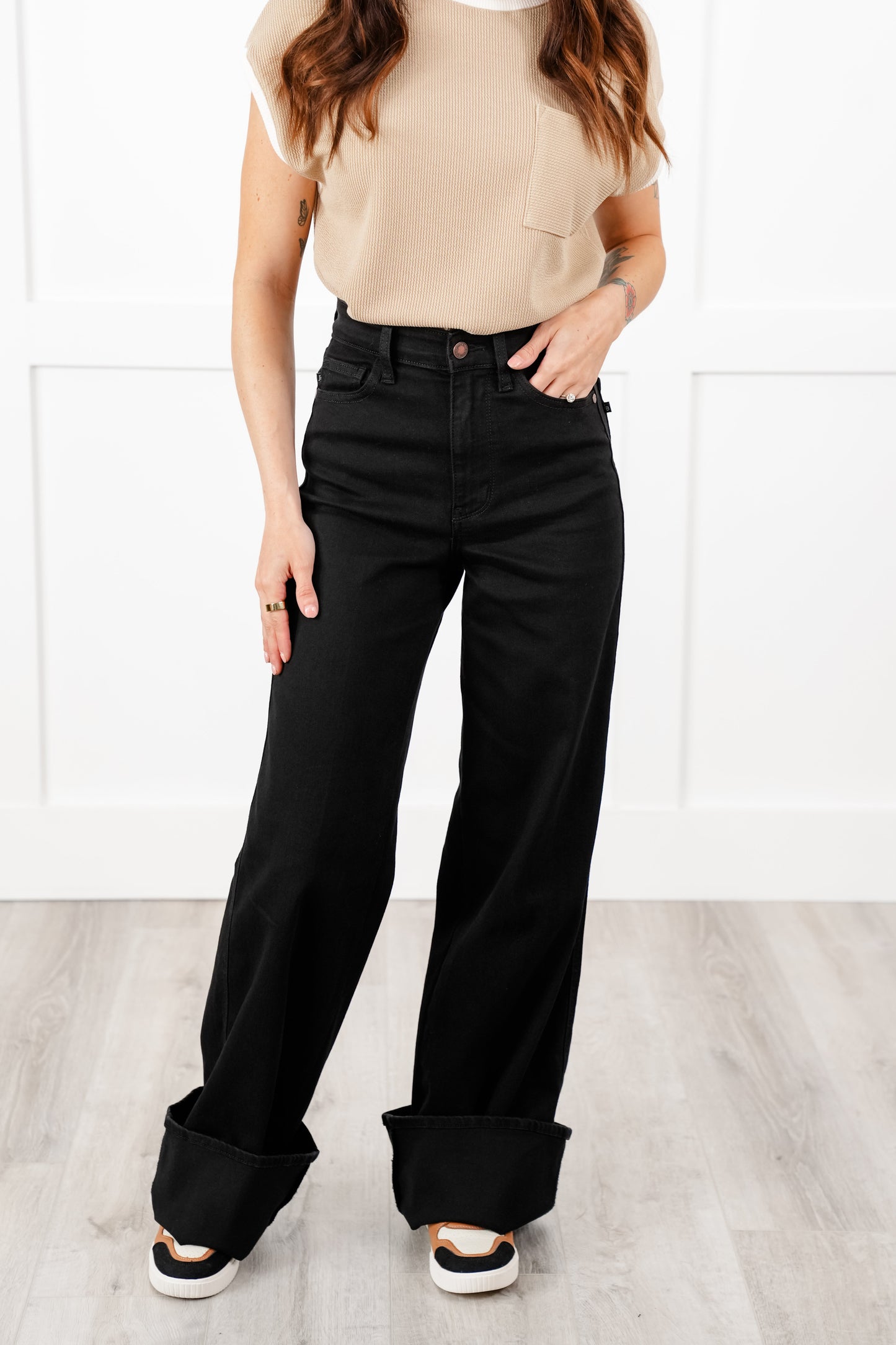 Judy Blue Retrograde High Rise Black Wide Leg Jeans with Cuff