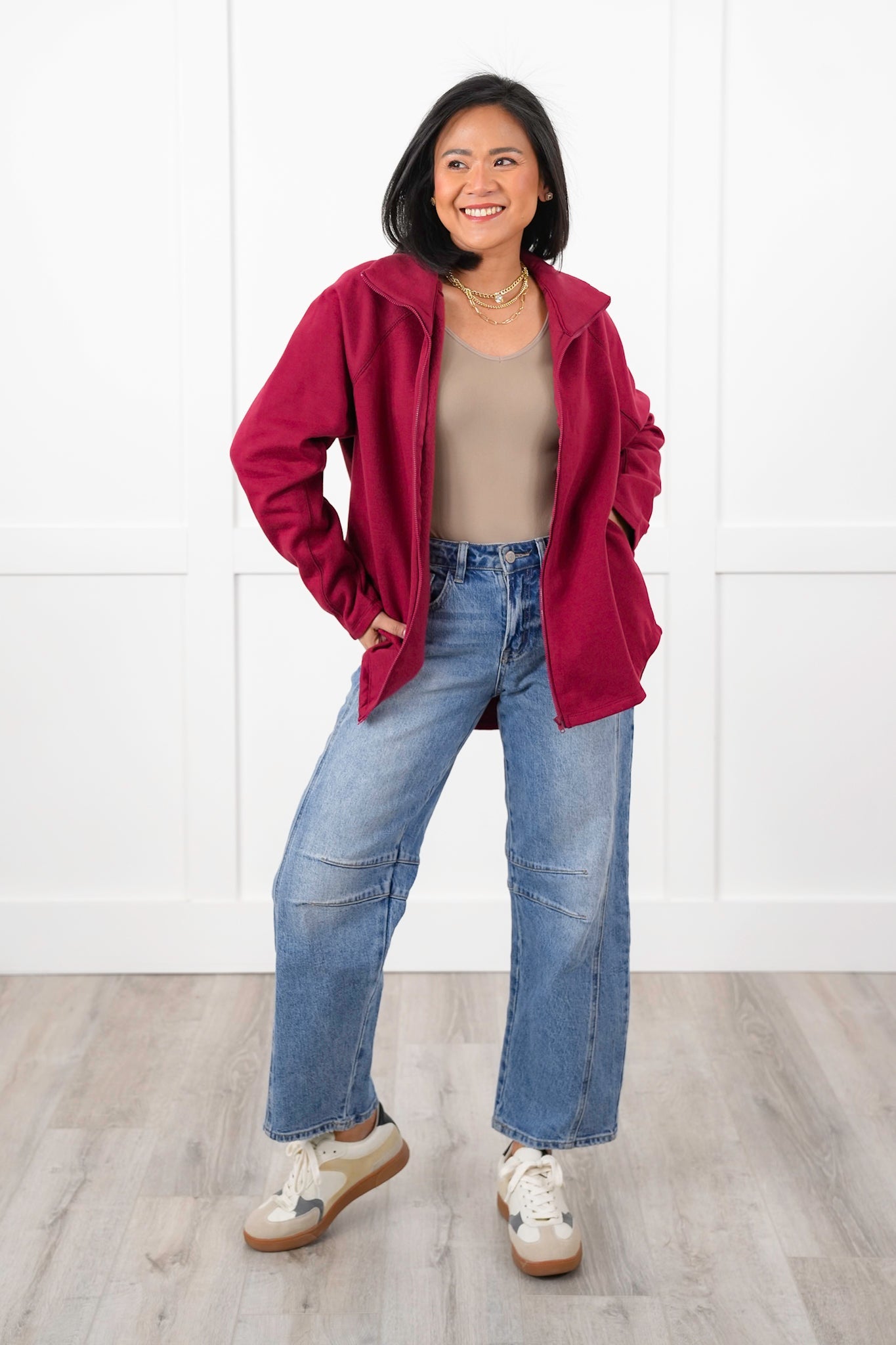 Burgundy Long Sleeve Mock Neck Zip Up Top with Side Pockets