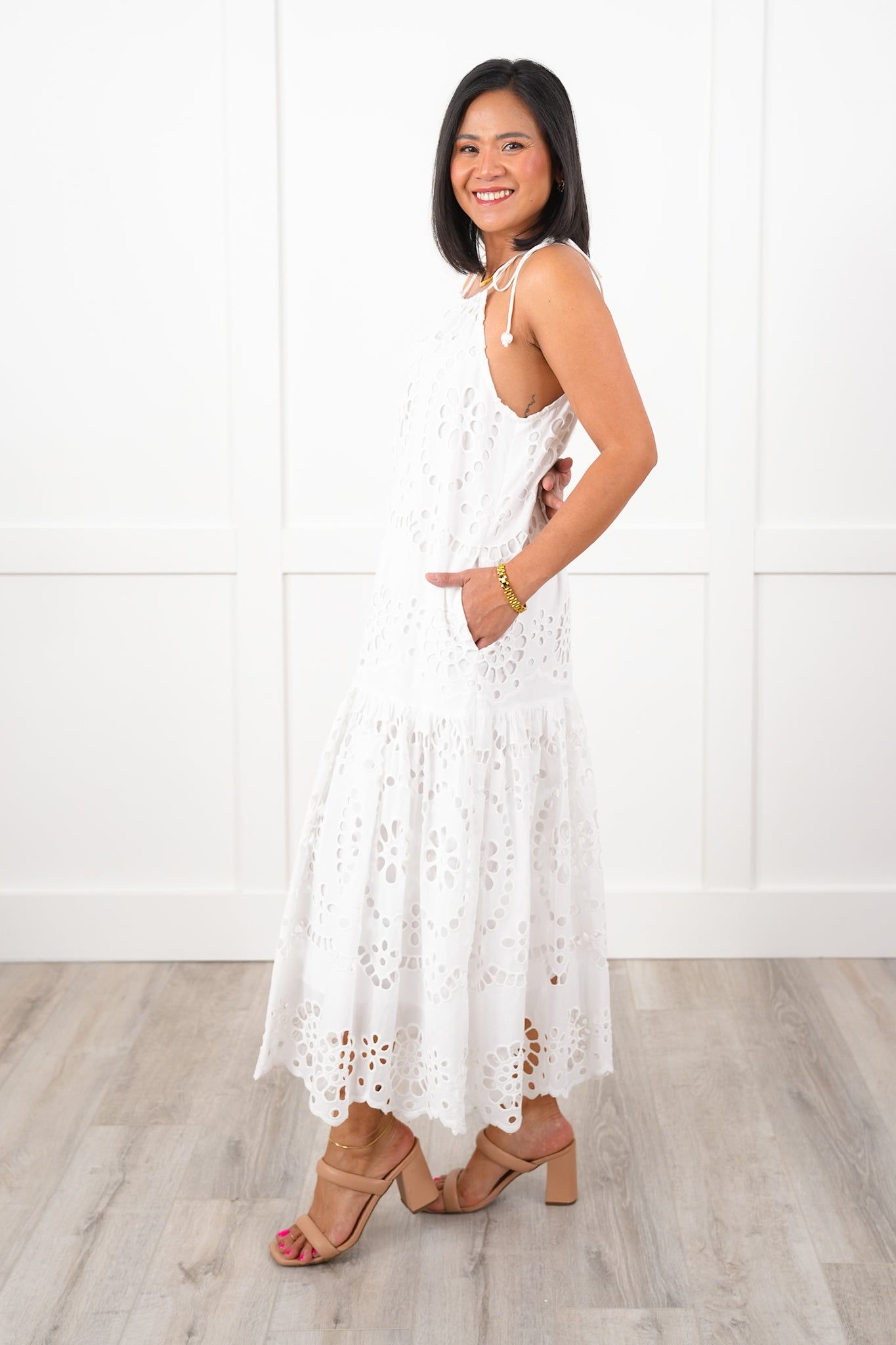 Sleeveless Eyelet Maxi Dress with Adjustable Shoulder Straps