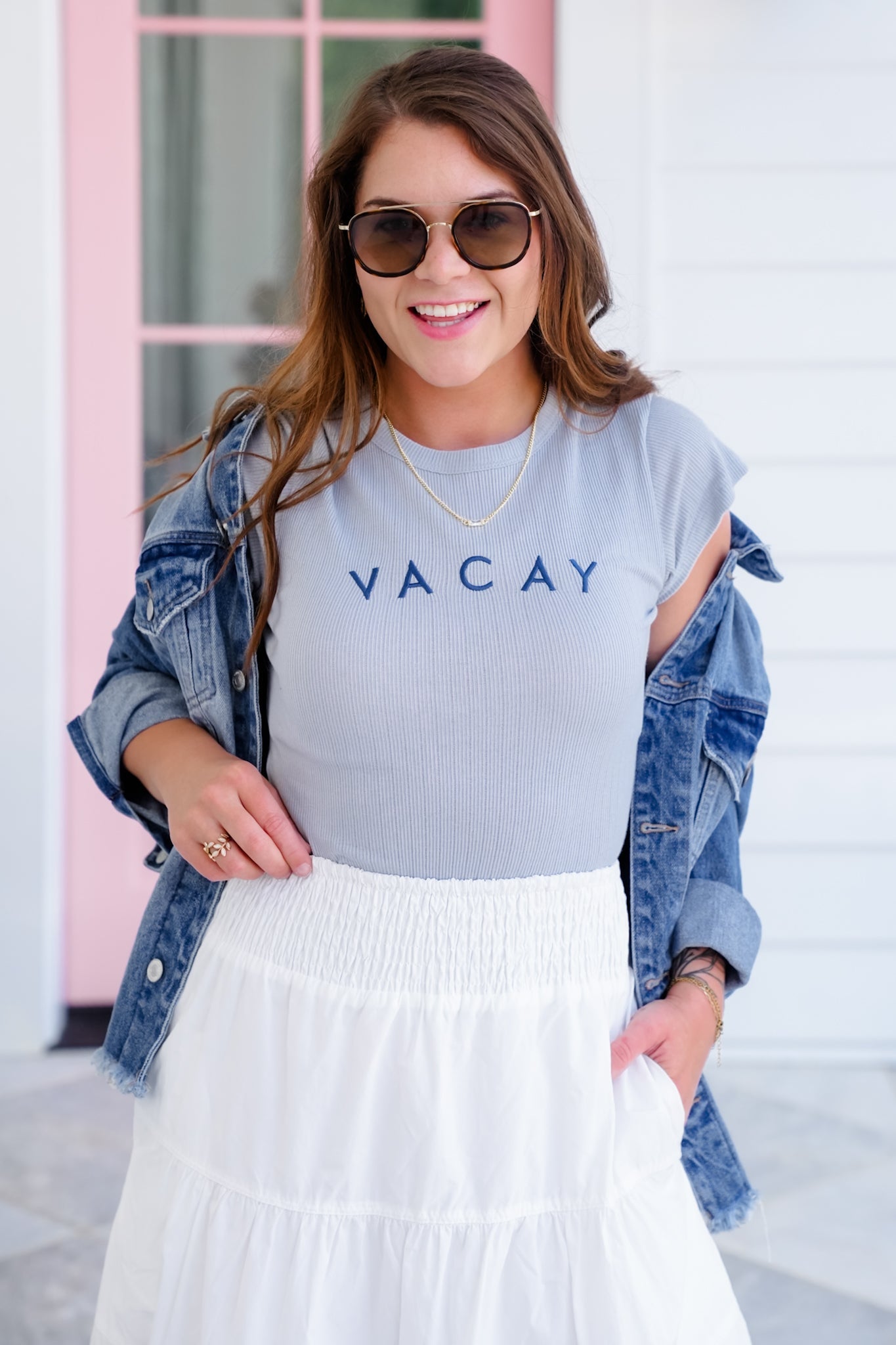 Embroidered "VACAY" Ribbed Knit Short Sleeve Top