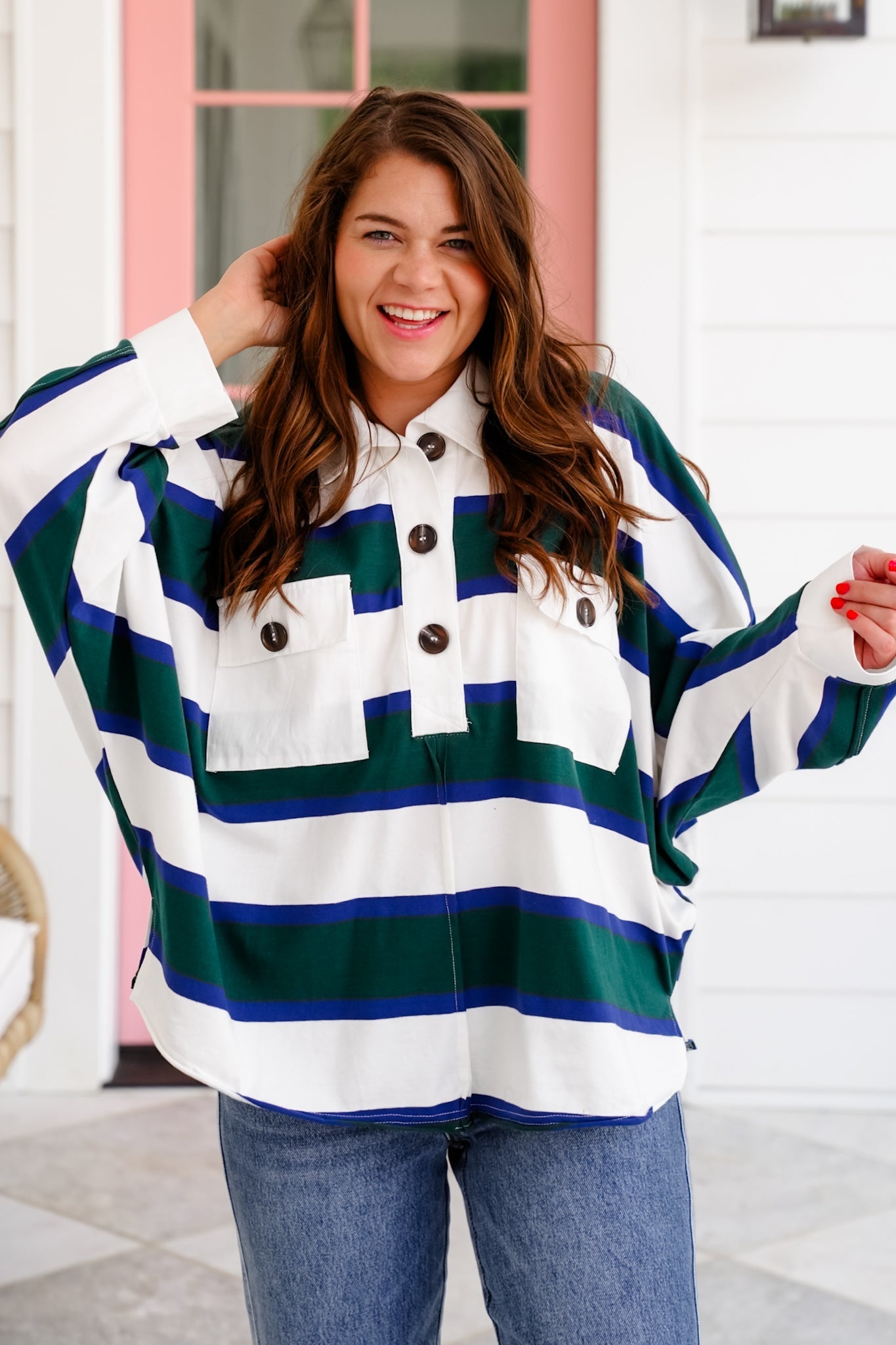 Restock! Oversized Stripe Long Sleeve Button Up Polo Top