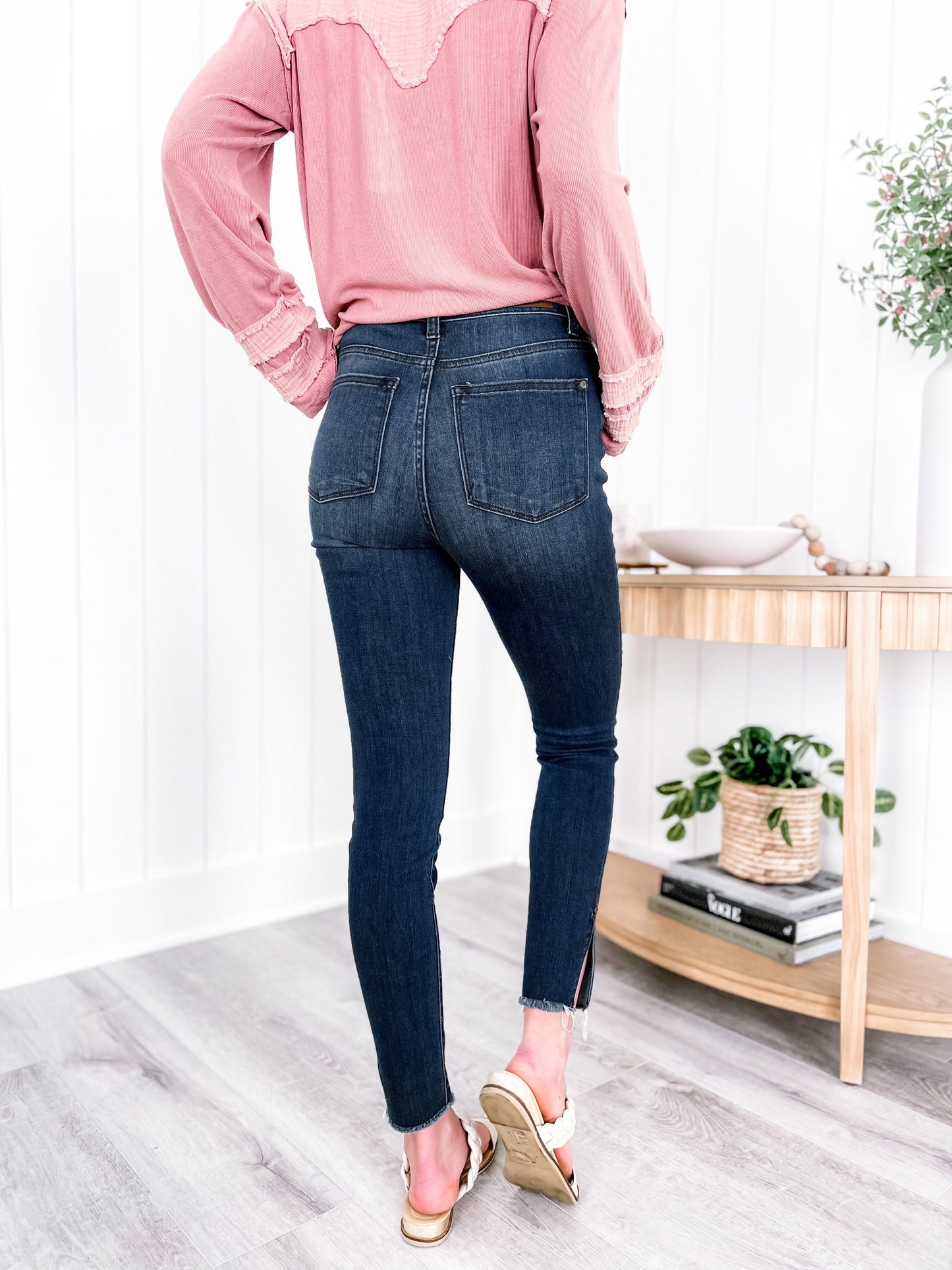 Judy Blue Dark Wash High Rise Side Slit Raw Hem Skinny Jeans