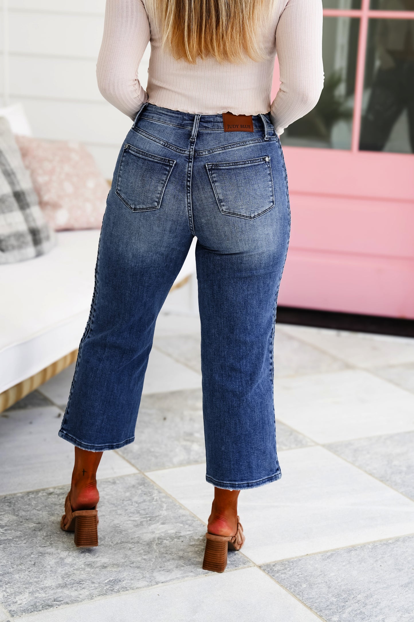 Judy Blue High Rise Medium Wash Side Braid Cropped Wide Leg Jeans