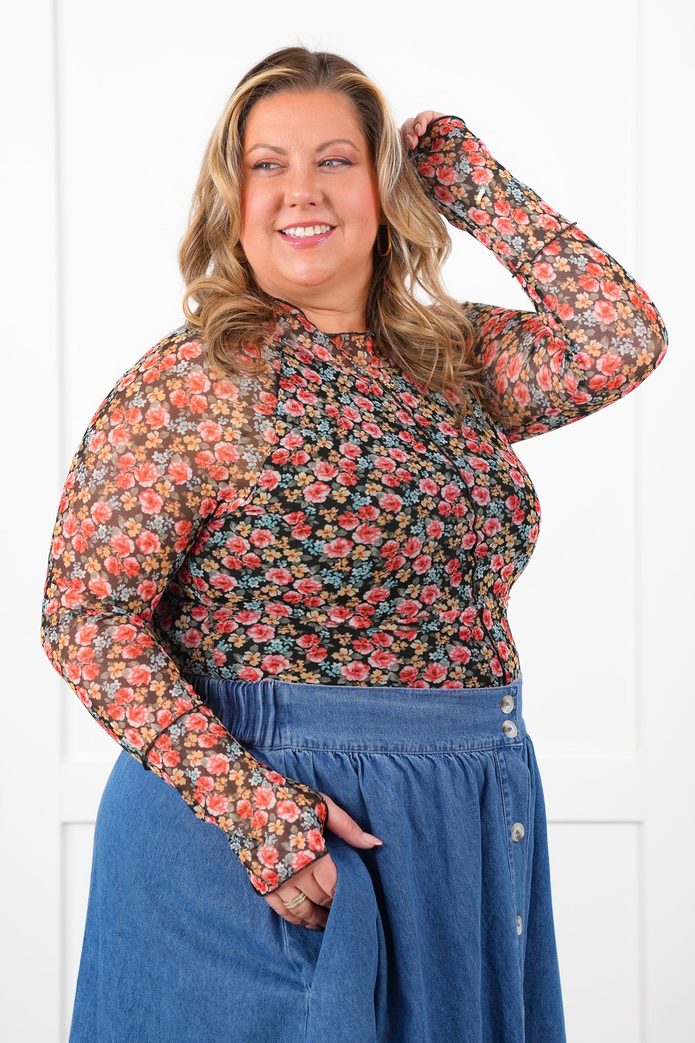 Restock! Plus/Reg Floral Mesh Long Sleeve Mock Neck Top