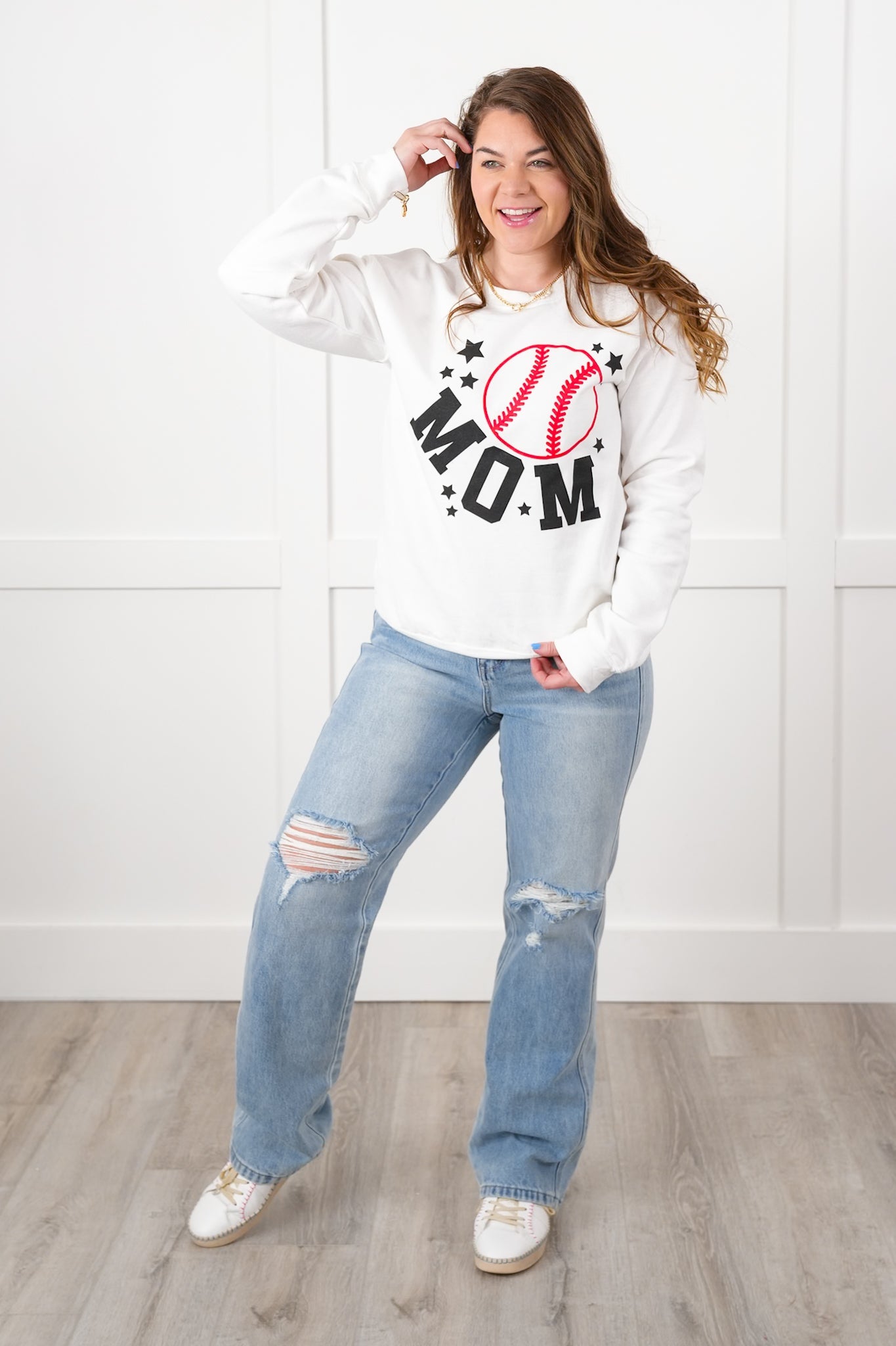 Plus/Reg Long Sleeve Baseball "Mom" Graphic Sweatshirt