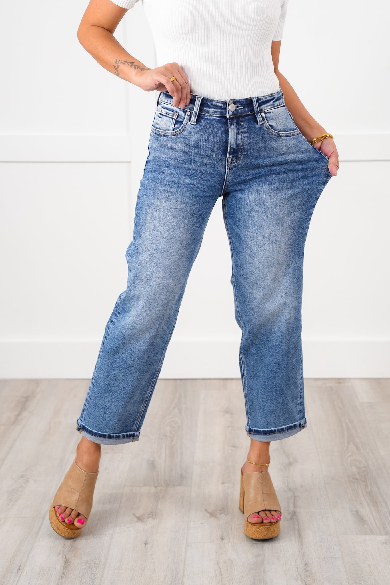 Risen High Rise Medium Wash Boyfriend Jeans