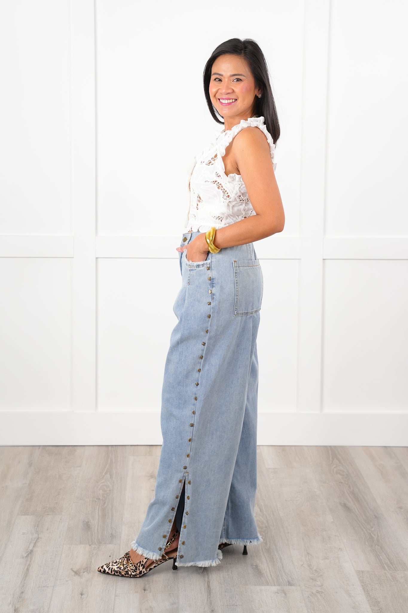 POL Studded Denim Twill Wide Leg Pants with Side Slit Detail