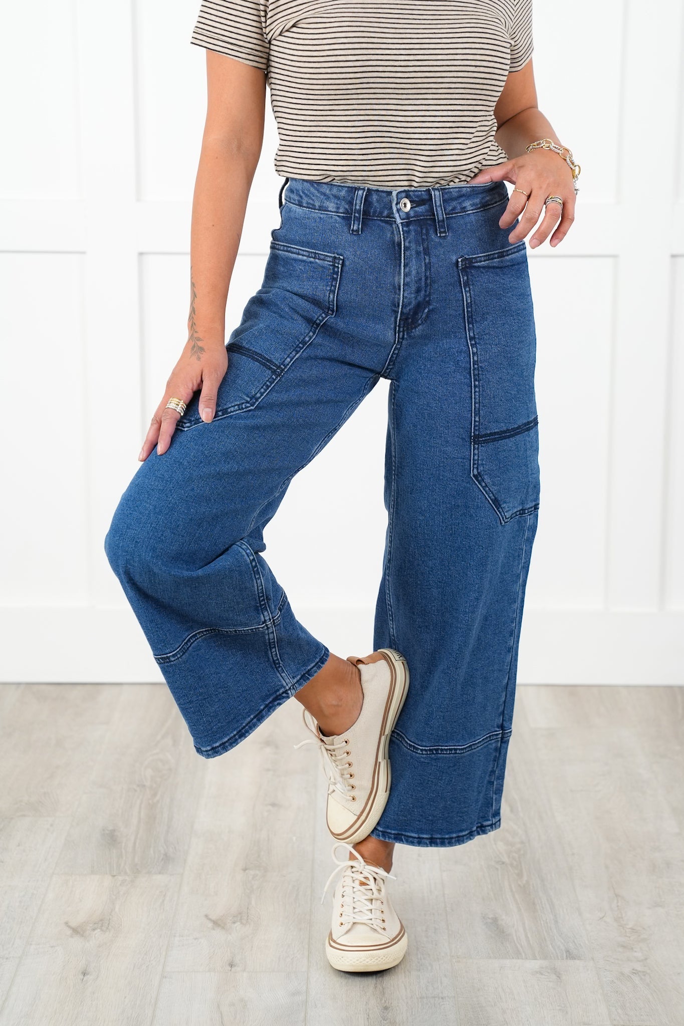 Special A High Rise Dark Wash Cropped Wide Leg Jeans with Extra Large Pockets